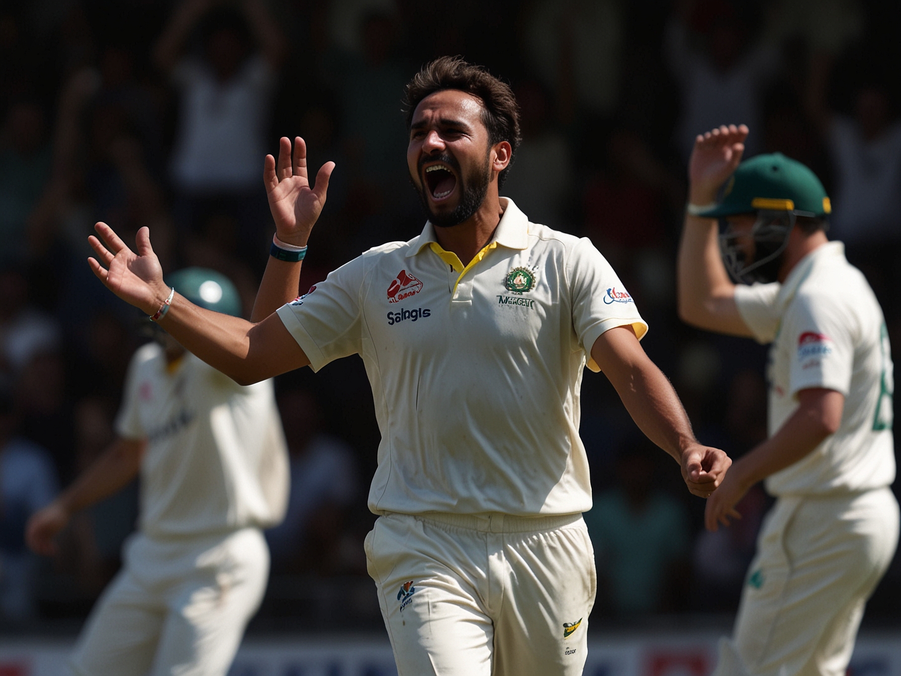 Gulbadin Naib celebrates after taking one of his four wickets, his dynamic bowling spell proving pivotal in challenging Australia's batting lineup.