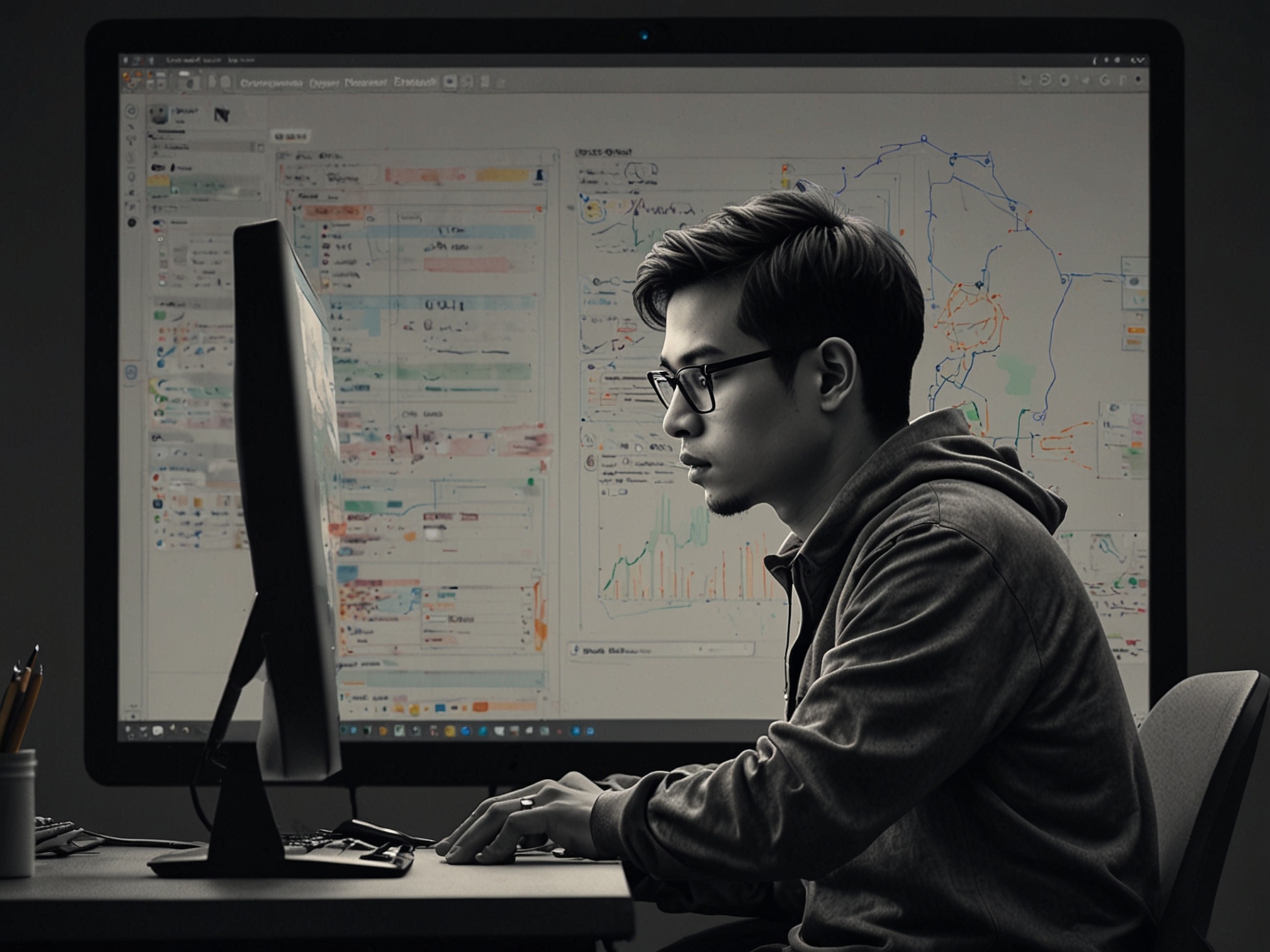 A depiction of a software developer using Alibaba Cloud's AI programmer on a computer screen, showcasing the tool's interface for code generation and bug fixing.