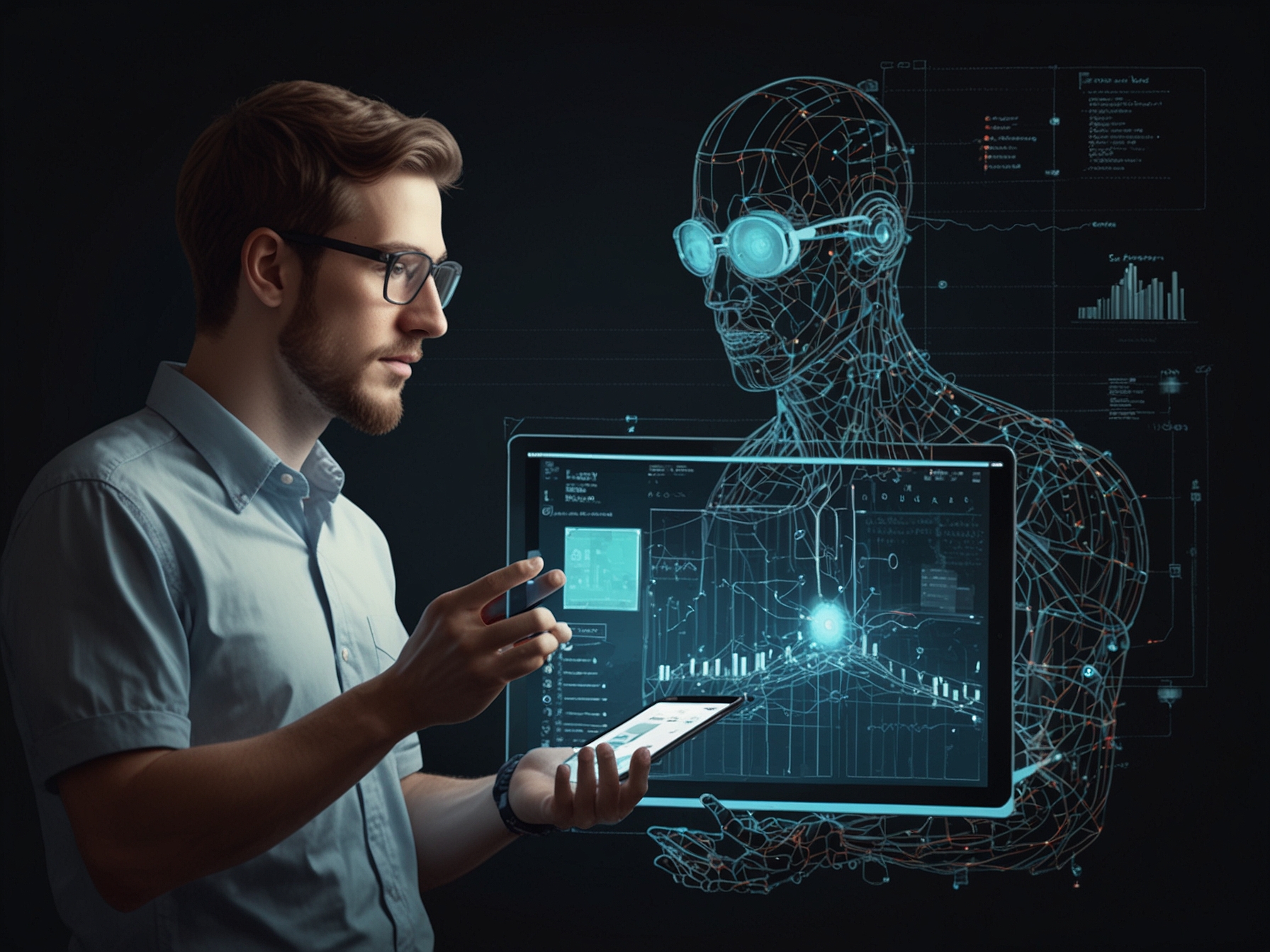 An illustration depicting two developers in a discussion, one holding a tablet showing a code screen with AI-assist features, highlighting collaborative aspects of the AI programmer.