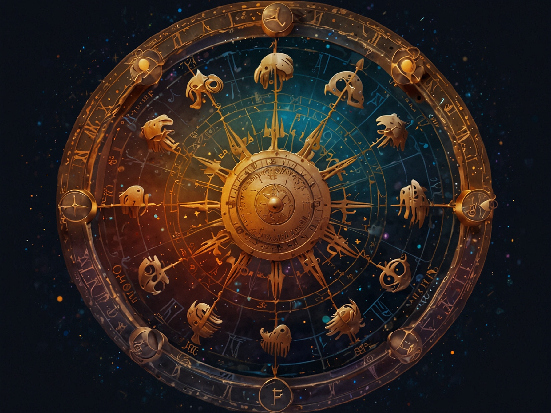 A zodiac wheel with each sign depicted, radiating lines suggesting the alignment of stars favoring personal growth and introspection for all signs on June 22, 2024.