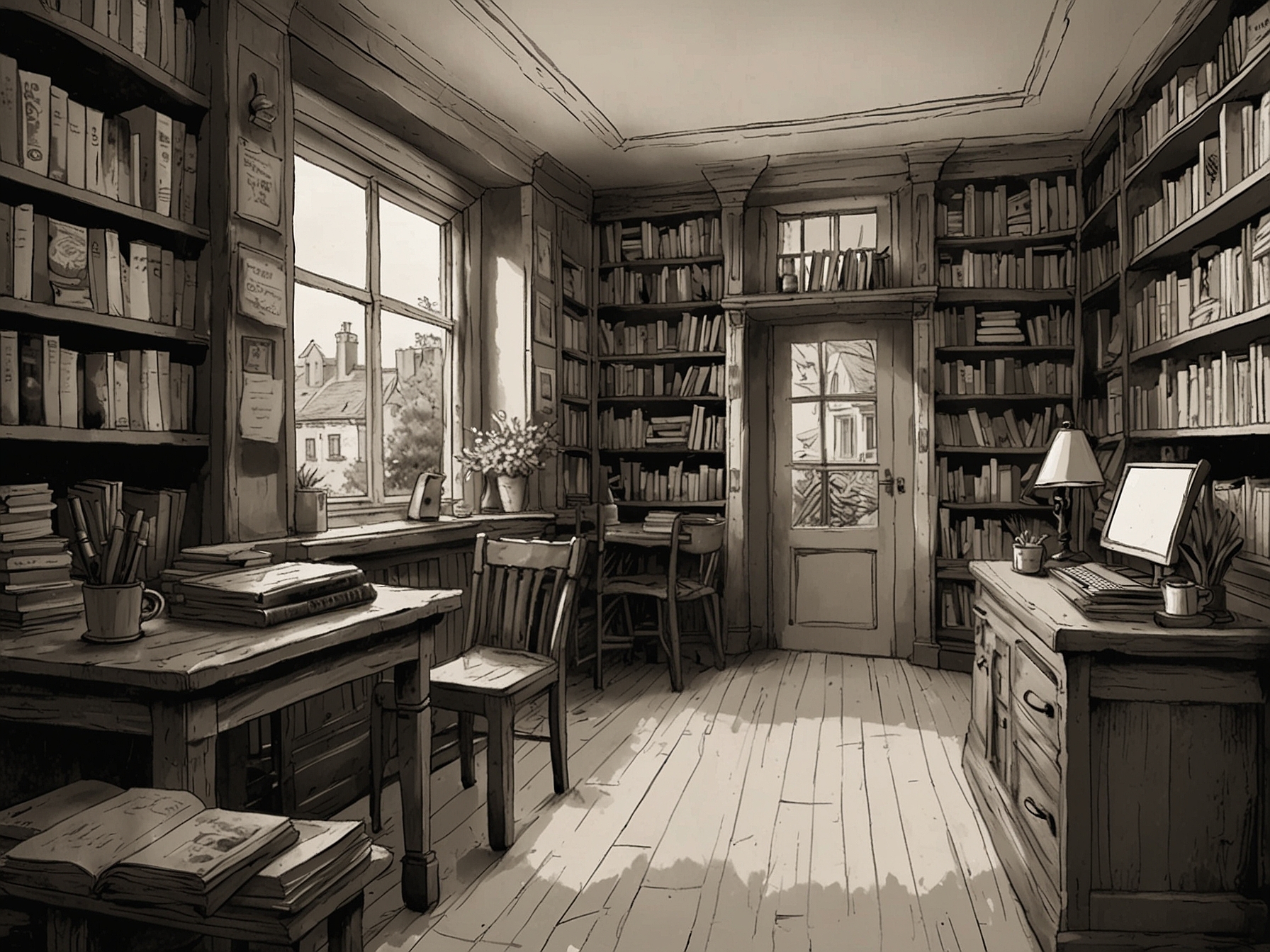 A cozy virtual bookstore with charming visuals and inviting ambiance, reflecting the quaint and serene environment of a small town bookshop.