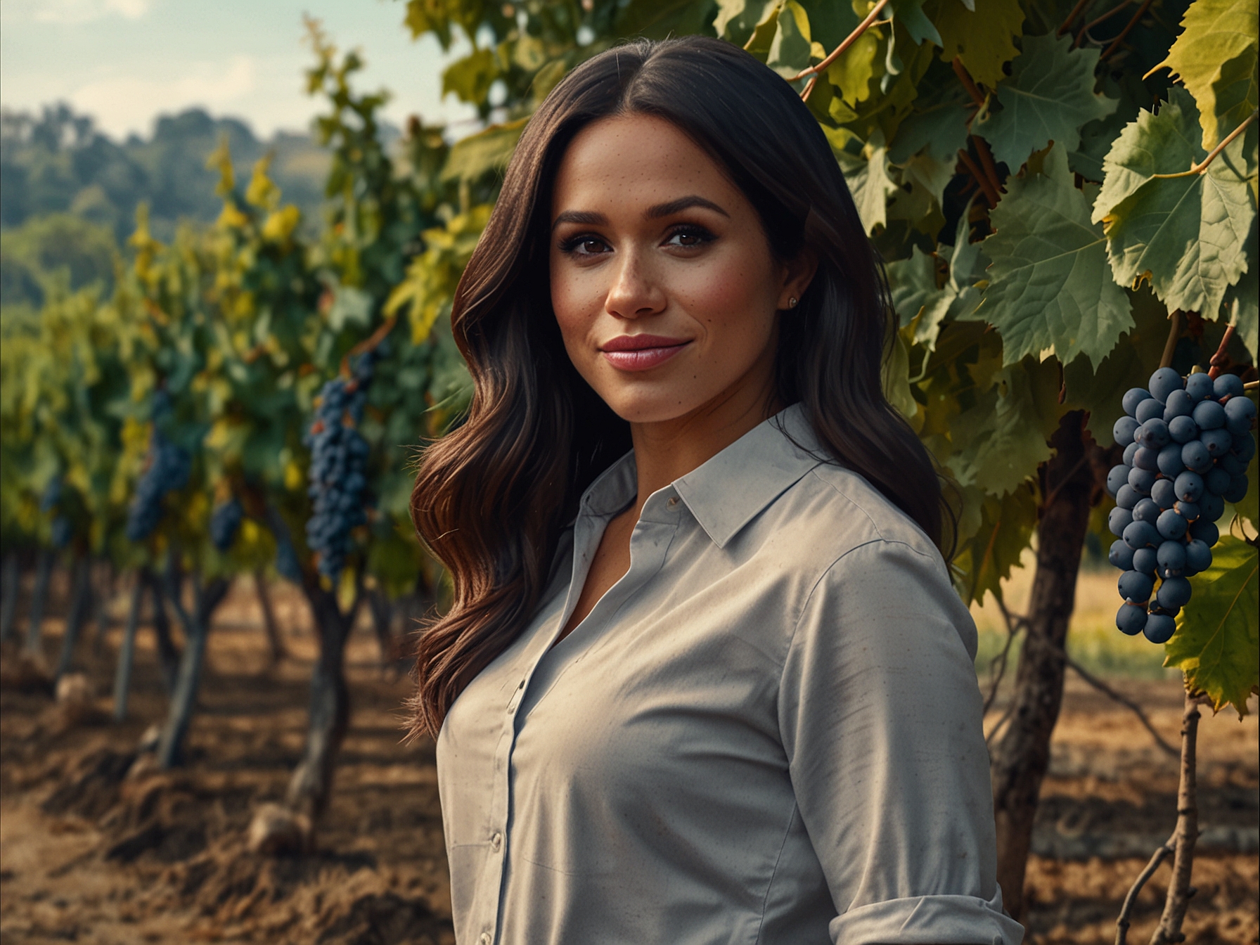 Meghan Markle at a vineyard, surrounded by lush grapevines, symbolizing her new venture in wine-making and showcasing her commitment to sustainable agriculture.