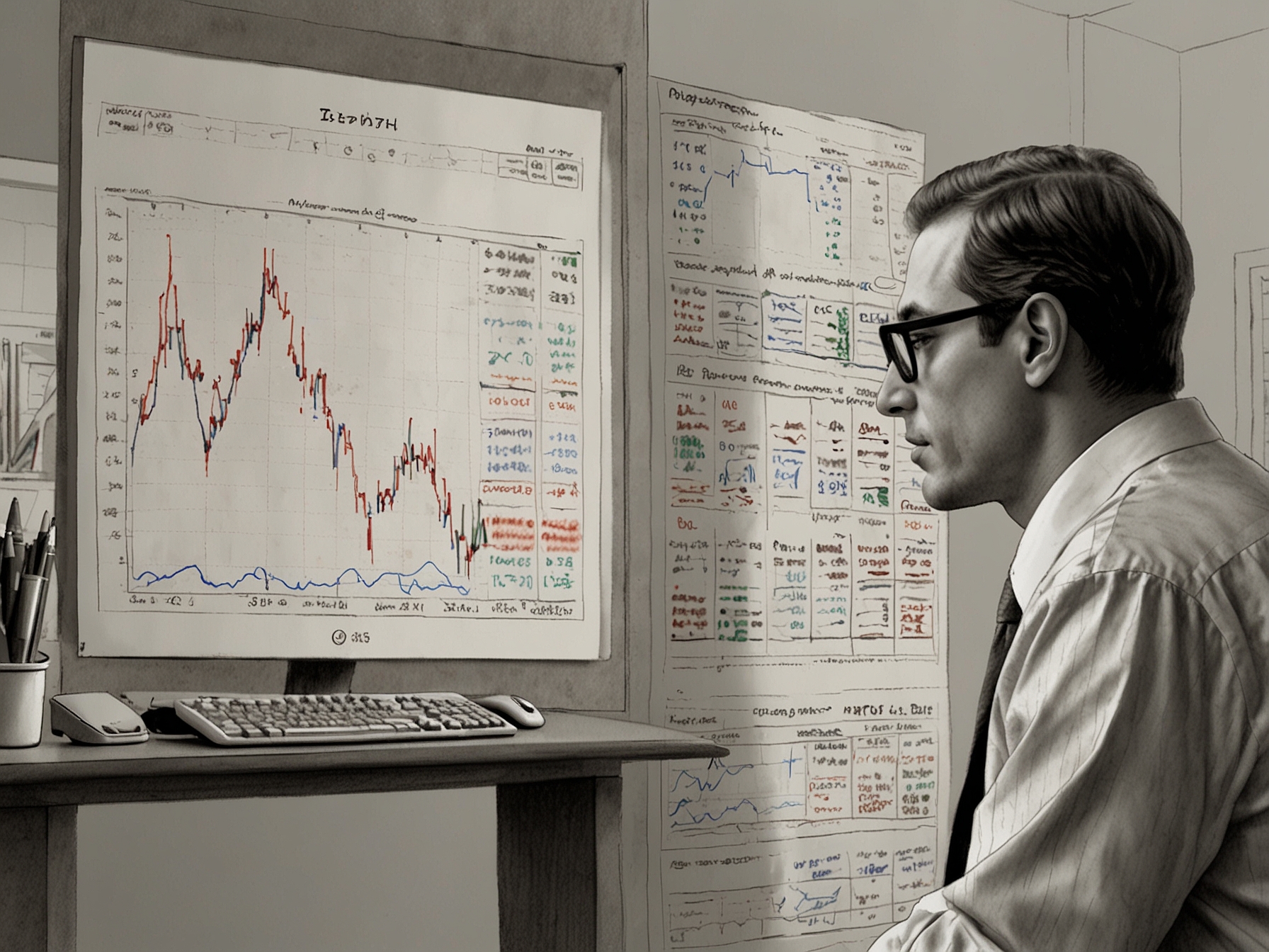 A portfolio manager analyzing financial reports and stock performance charts of pharmaceutical giants Pfizer, Bristol-Myers Squibb, and Gilead Sciences, emphasizing their dividend yield strengths.