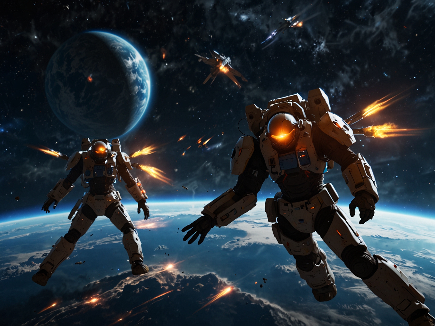An in-game screenshot showcasing Boundary's zero-gravity combat environment, with players navigating through space and engaging in dynamic, strategic firefights.