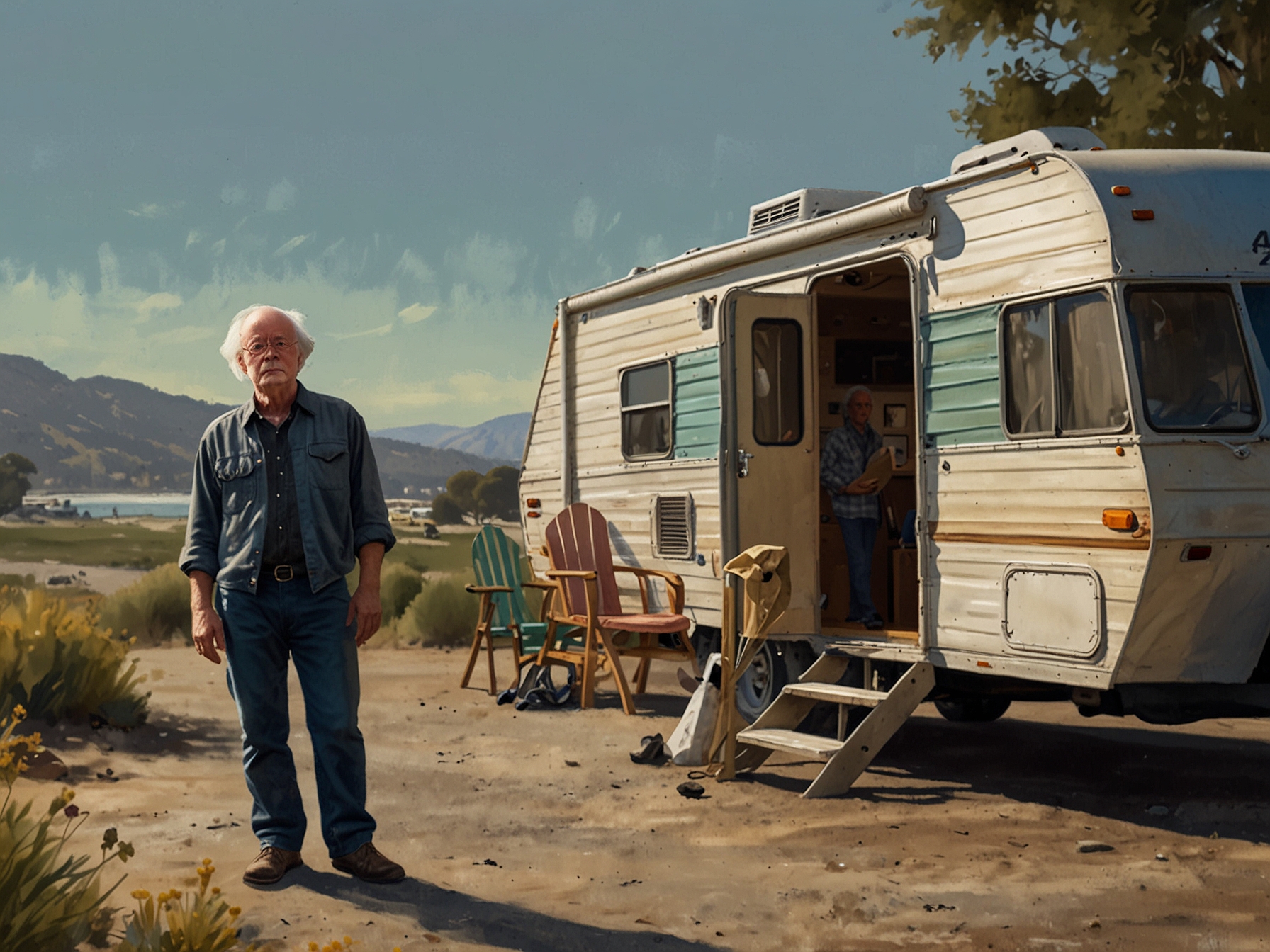 John Adams standing outside his RV in the East Bay area, appearing concerned about the new law that allows his home to be towed away with him still inside.