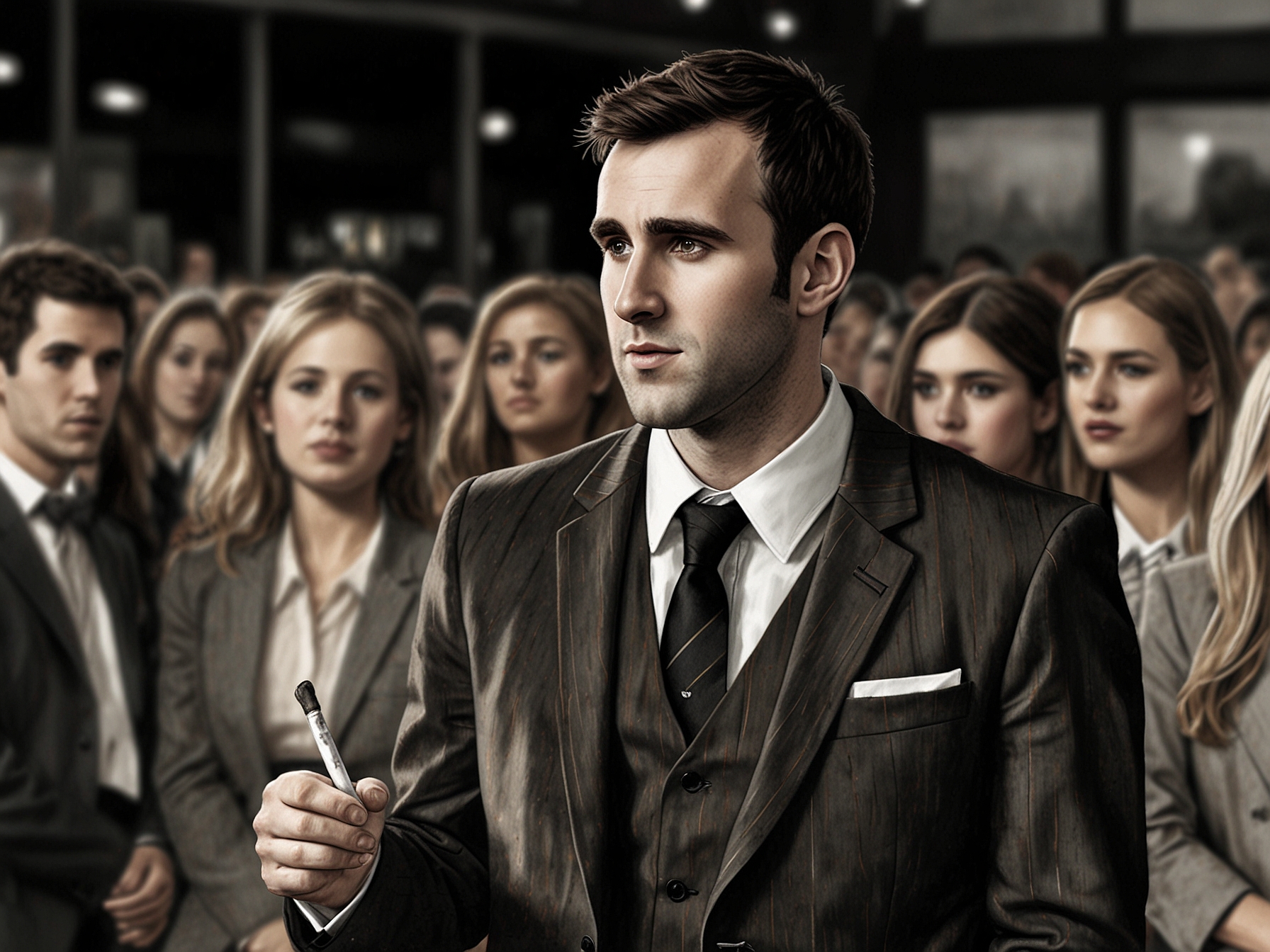 Matthew Lewis, reflecting on his iconic role as Neville Longbottom at a movie premiere, dressed in a formal suit, interacting with media and fans.