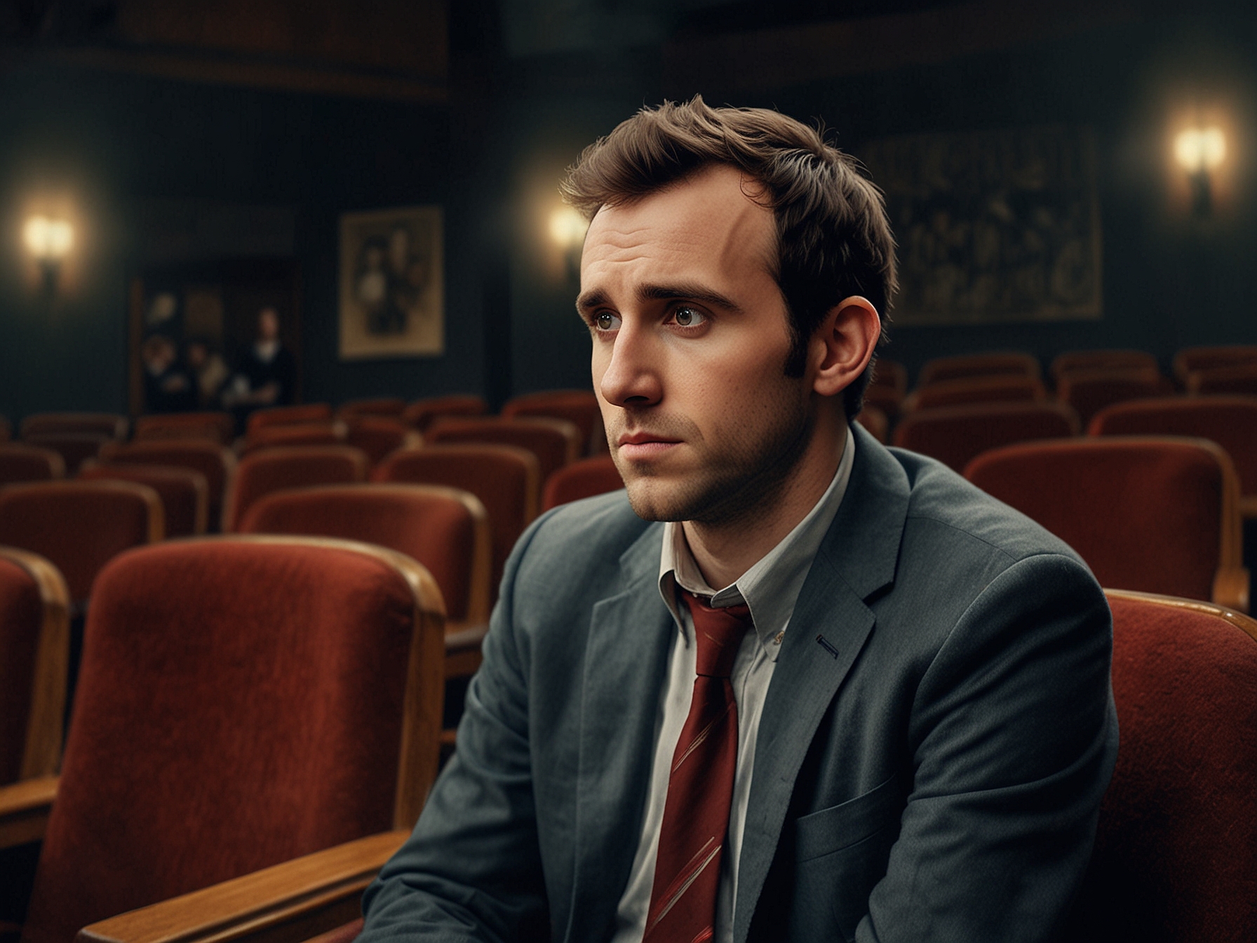 A contemplative Matthew Lewis in a theater setting, illustrating his focus on diverse acting roles post-Harry Potter, highlighting his evolving career.
