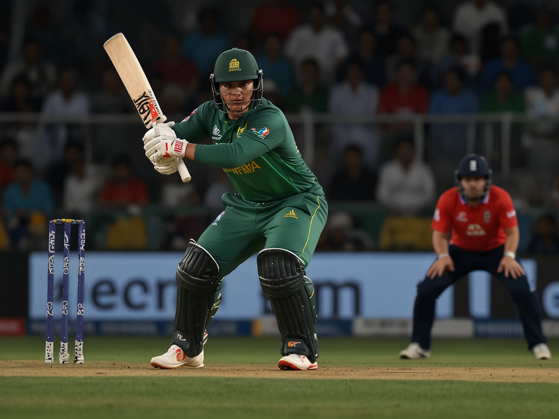 Quinton de Kock delivers a powerful shot during the T20 World Cup 2024 match against England, highlighting his exemplary batting skills that guided South Africa to a crucial win.