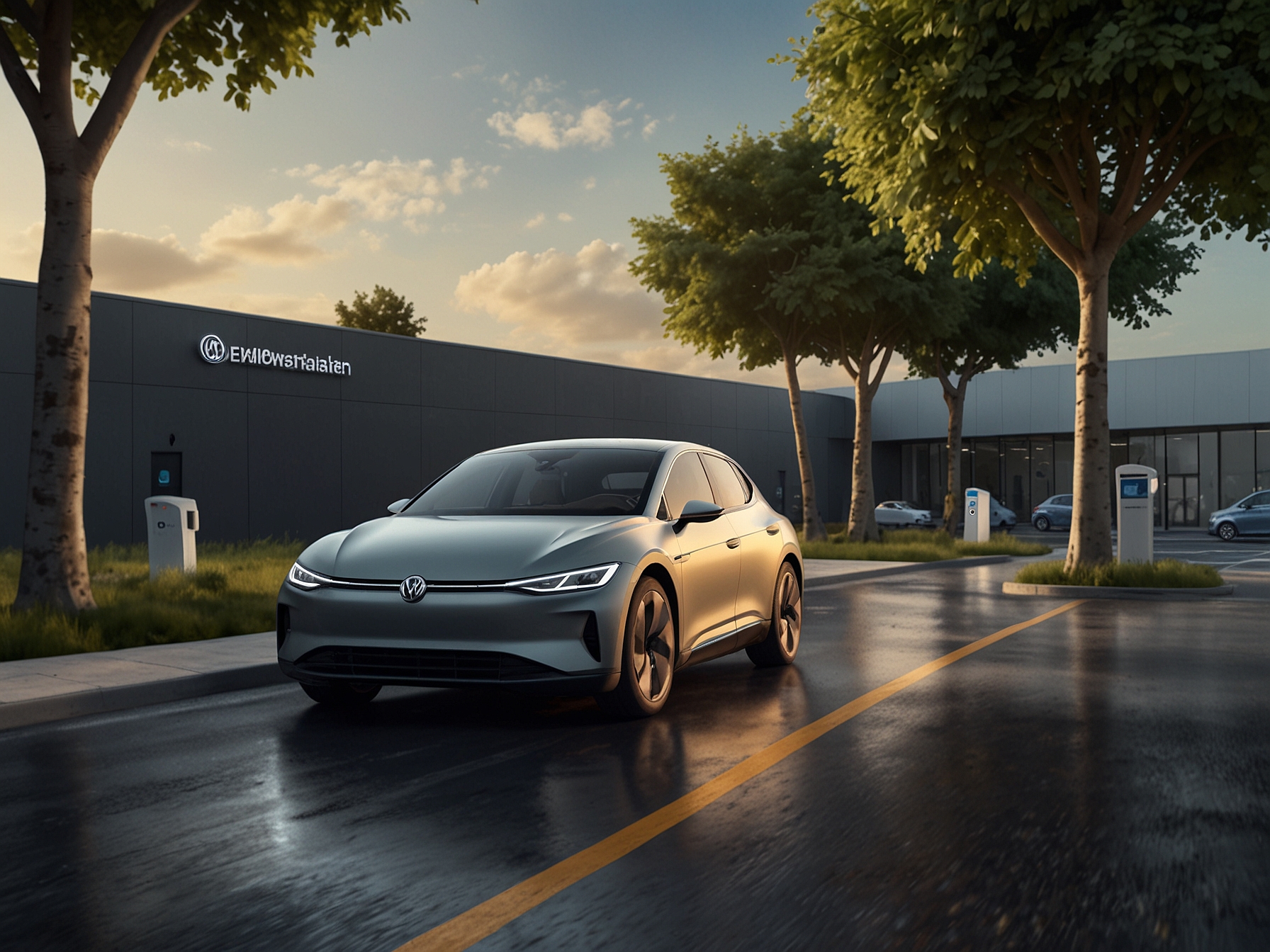 An illustration of Volkswagen's innovative electric vehicles, ID.3 and ID.4, highlighting advanced technology, sustainable production, and the company's commitment to an environmentally friendly future.