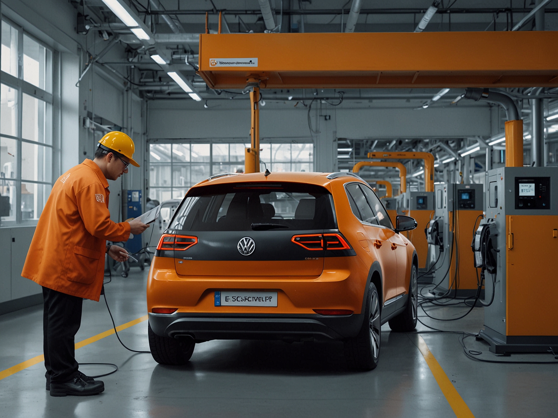 A visual representation of Volkswagen's workforce undergoing retraining programs for electric vehicle production, depicting the internal cultural shift and adaptation to new EV skills and processes.