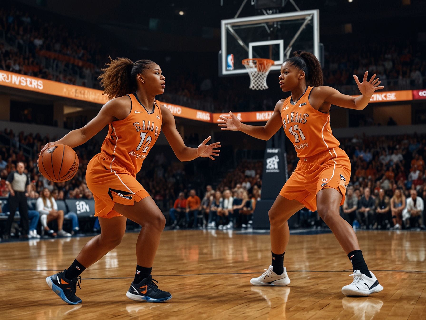 A thrilling basketball game between the Connecticut Sun and the Las Vegas Aces, highlighting intense on-court action and dynamic plays.