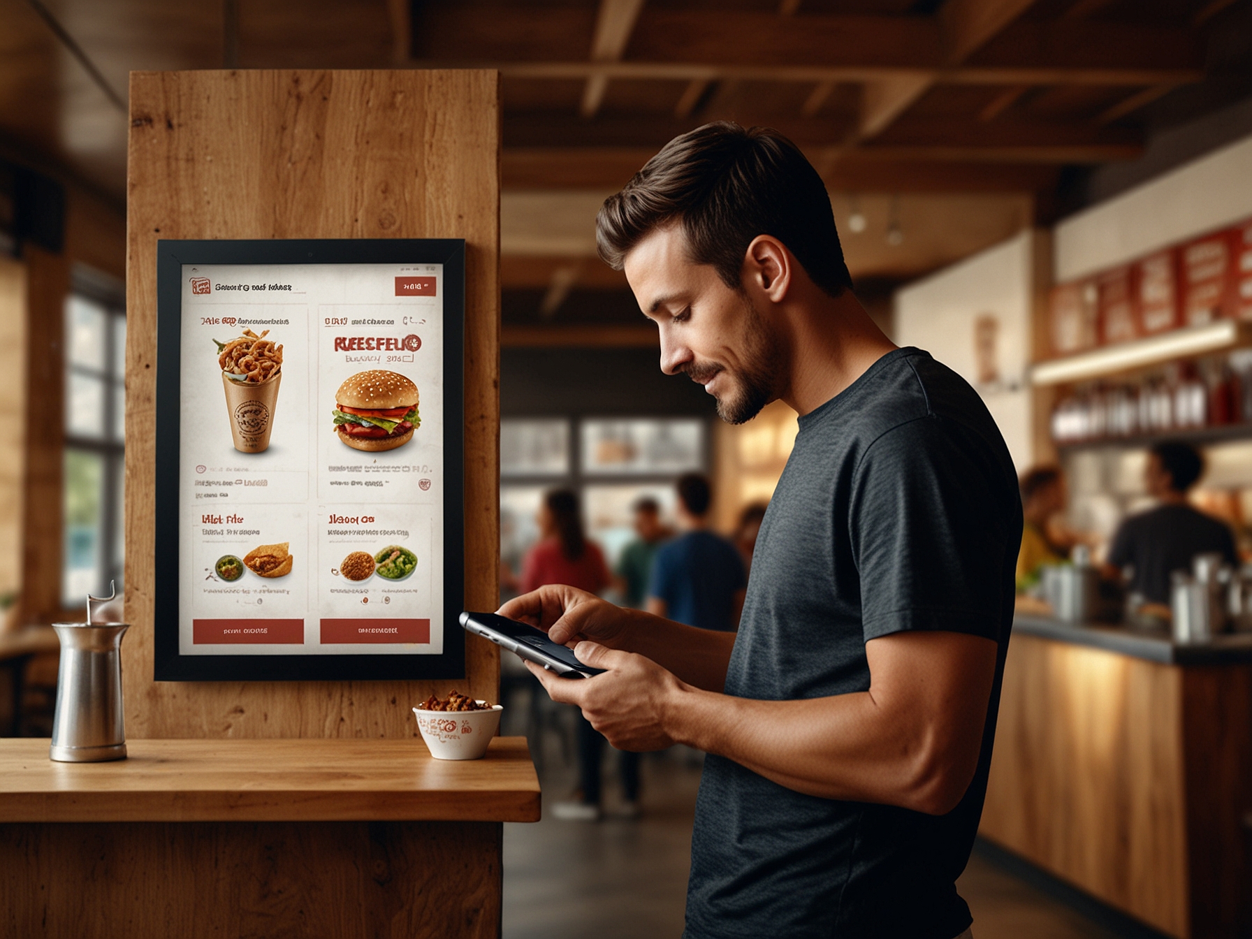 A digital menu board and a customer using a mobile app to order Chipotle, highlighting the company's investment in technology and digital ordering platforms.