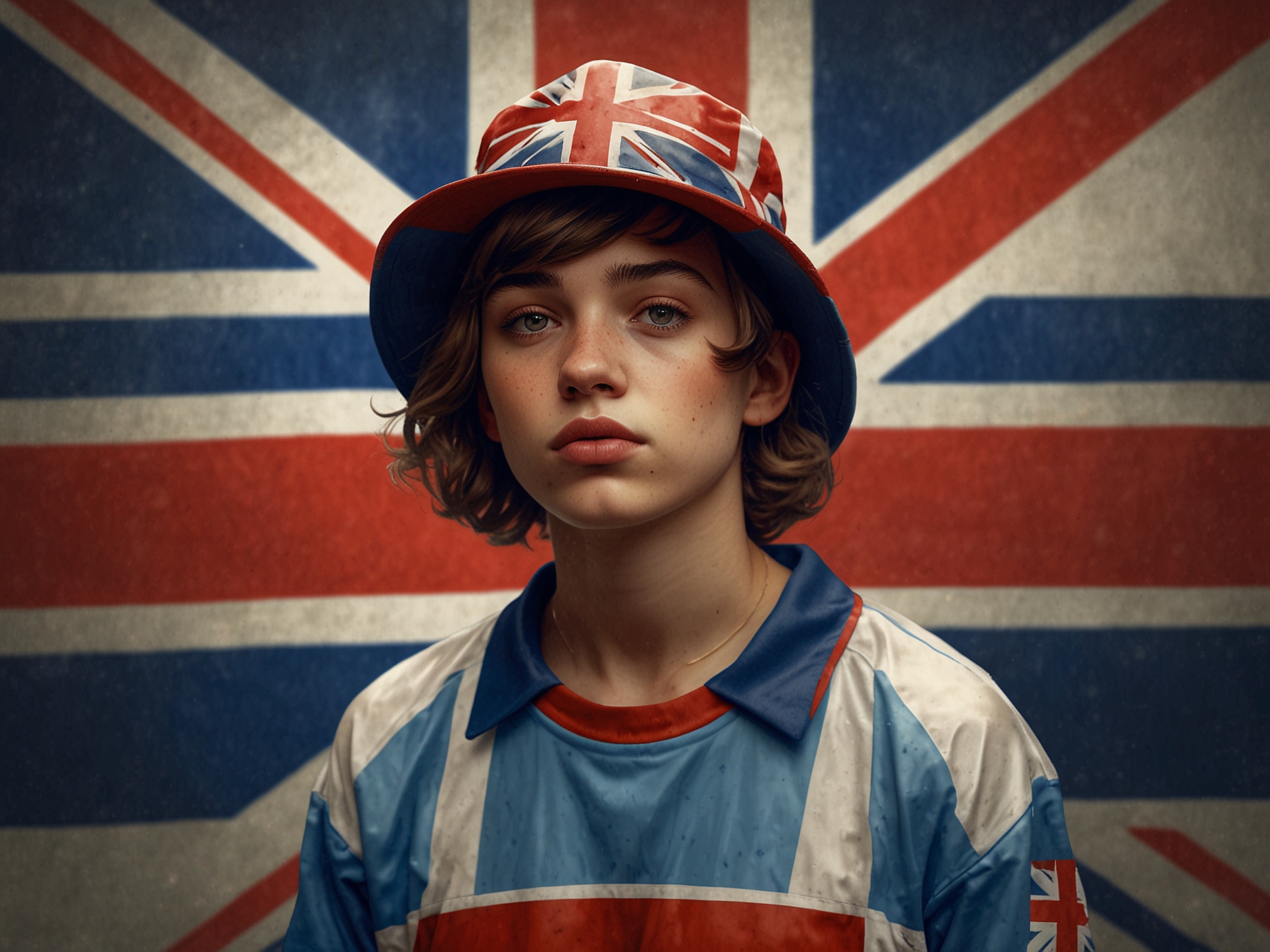 A fashionable young person wearing a vintage football jersey and a bucket hat, showcasing the blokecore style. The outfit features the Union Jack prominently, symbolizing the resurgence of British pride.