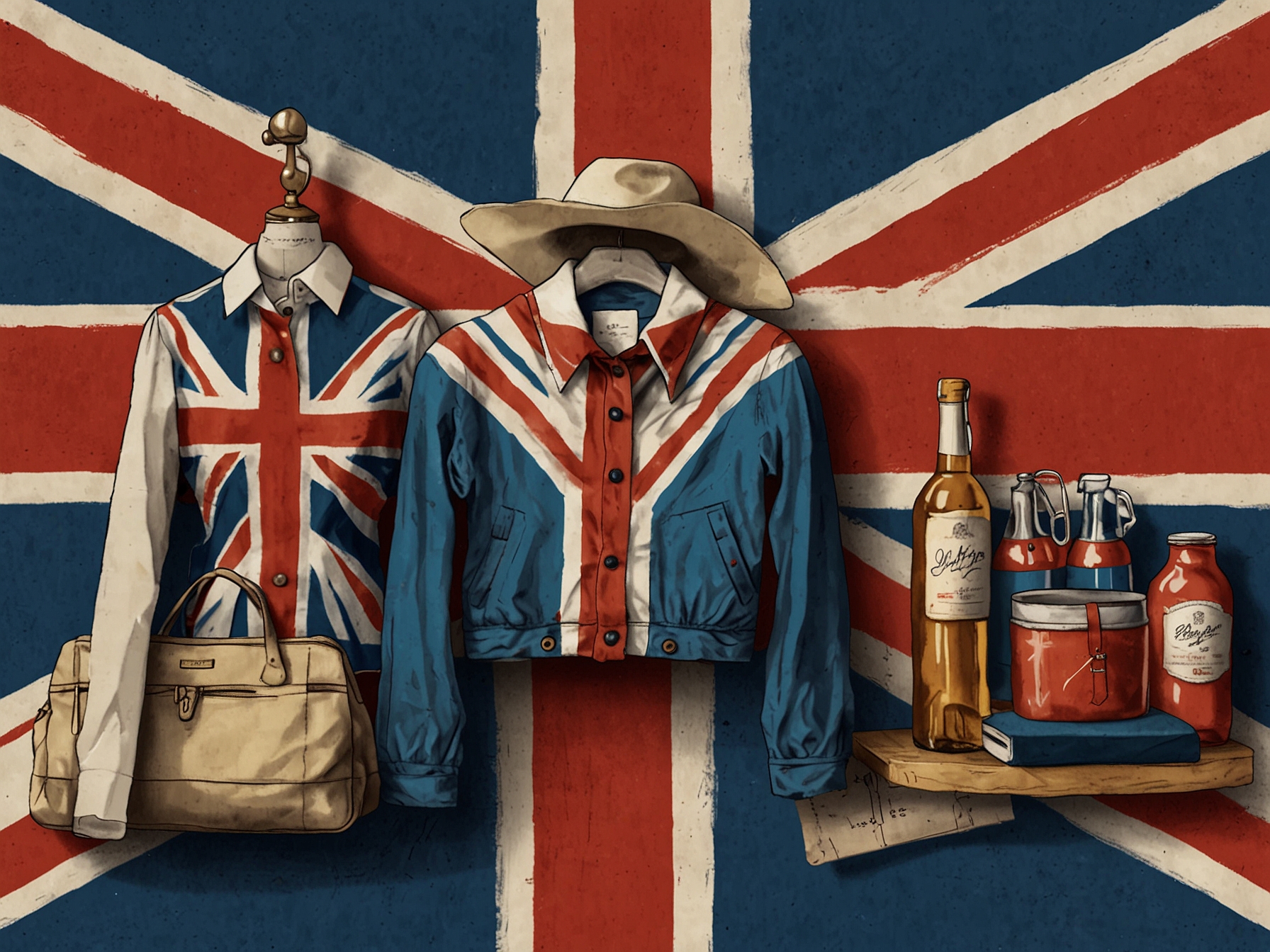 A display of Union Jack-themed merchandise, including clothing, accessories, and home decor items. This image highlights the flag's enduring appeal and its integration into contemporary fashion and lifestyle.