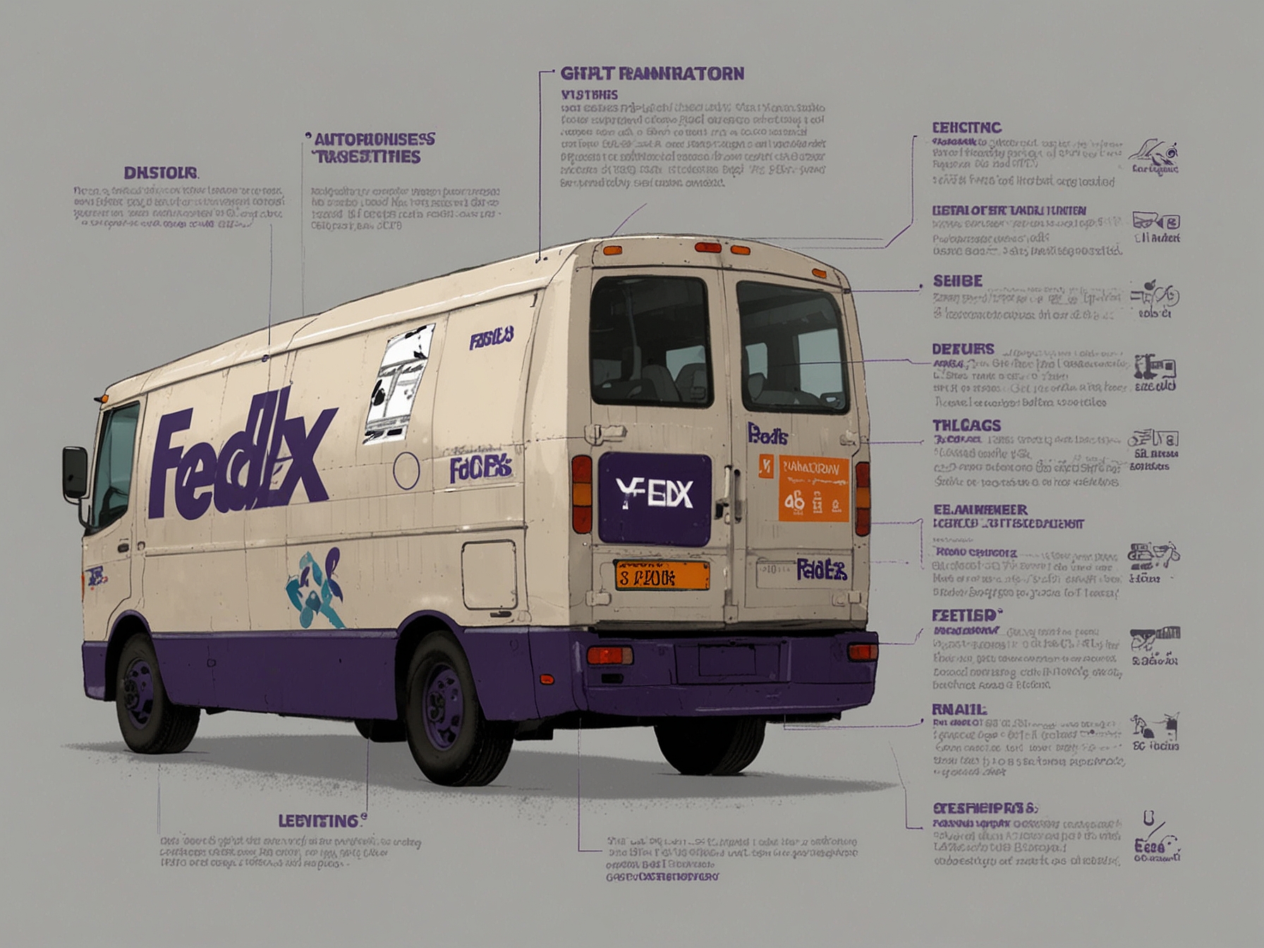 An infographic showing FedEx's digital transformation initiatives, including AI and autonomous delivery solutions, alongside global logistics statistics and sustainability efforts.