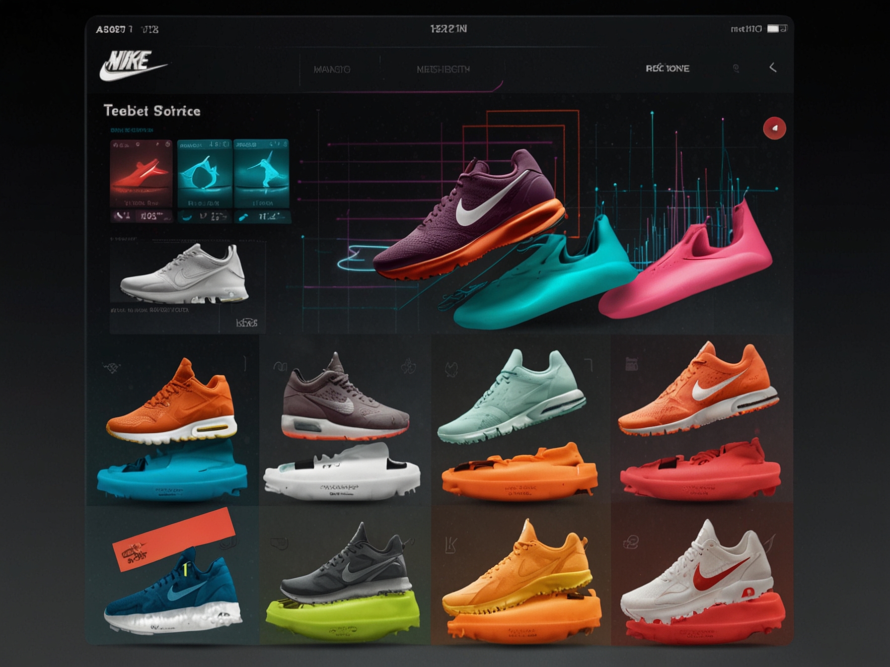 A composite image of Nike's tech-driven strategy, featuring digital sales platforms, personalized customer experiences, and innovative products like the Nike Fit AR measurement app.