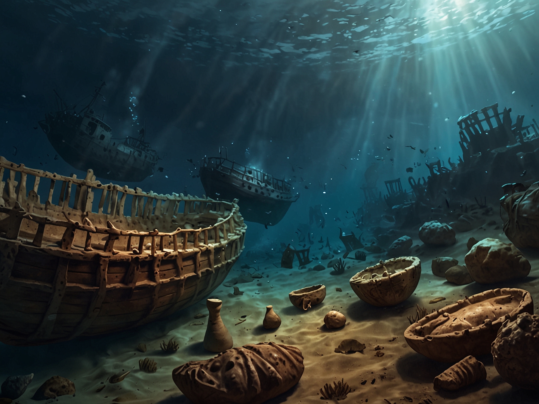 Researchers discover amphorae and artifacts within the ancient shipwreck, providing insights into the extensive trade networks and cultural exchanges across the Mediterranean in antiquity.