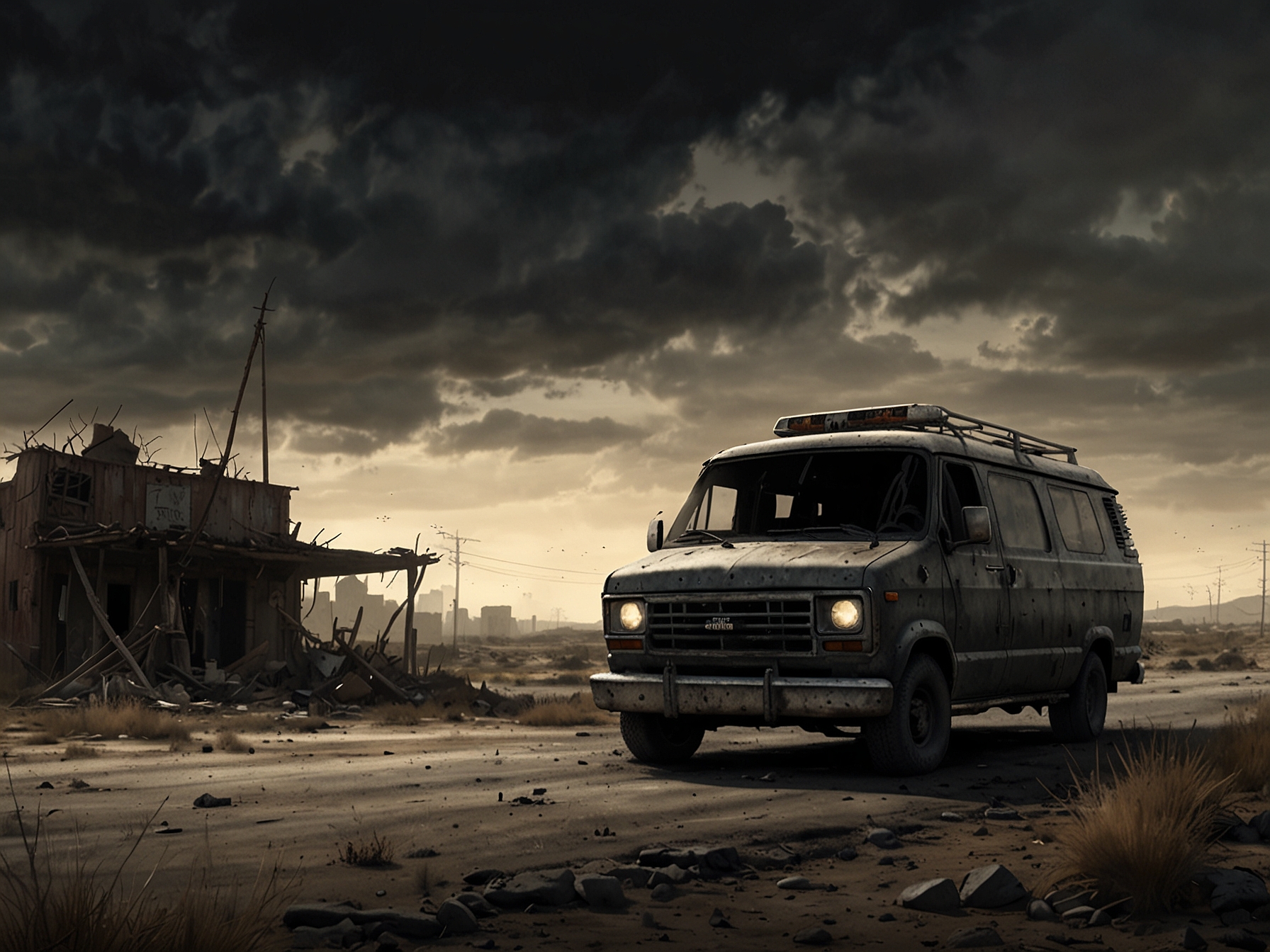 Illustration of a post-apocalyptic landscape with a focus on intricate details and dark humor elements, capturing the early vision for 'Project Van Buren' under Interplay Entertainment.