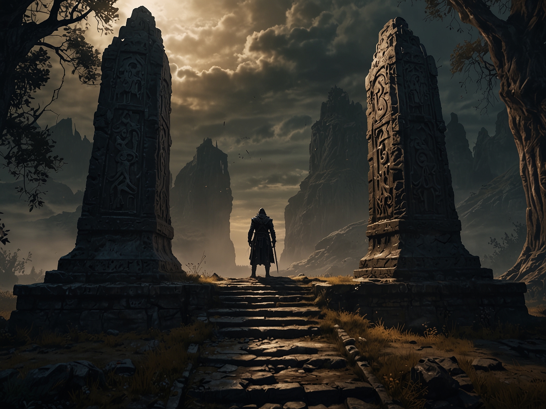 A player character in Elden Ring: Shadow of the Erdtree standing in the eerie landscape of the Land of Shadow, approaching the entrance to the Shadowed Crypts flanked by two towering statues.