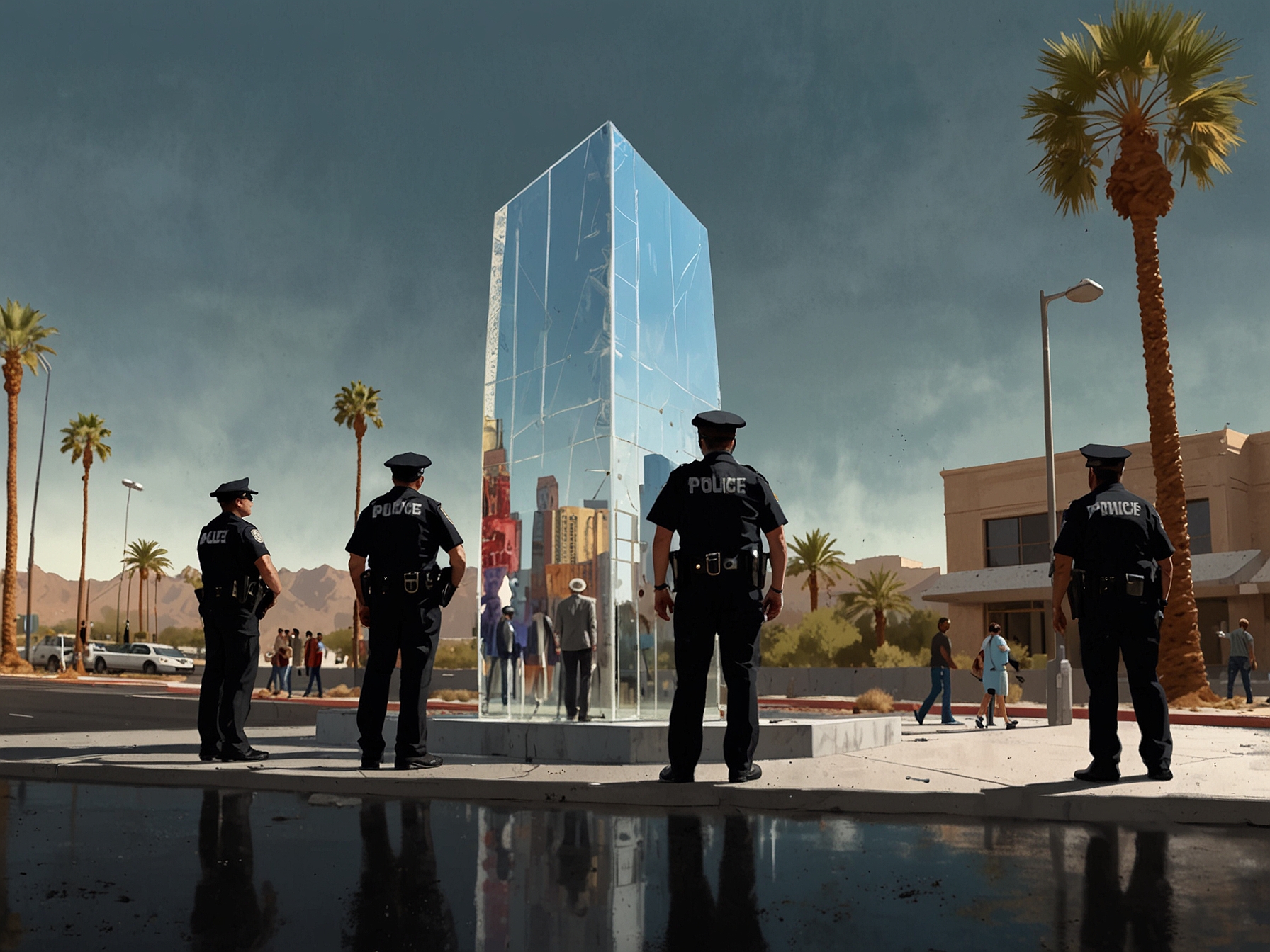Police authorities removing the reflective monolith in Las Vegas while curious onlookers watch, highlighting the public interest and the mysterious allure of these metallic structures.