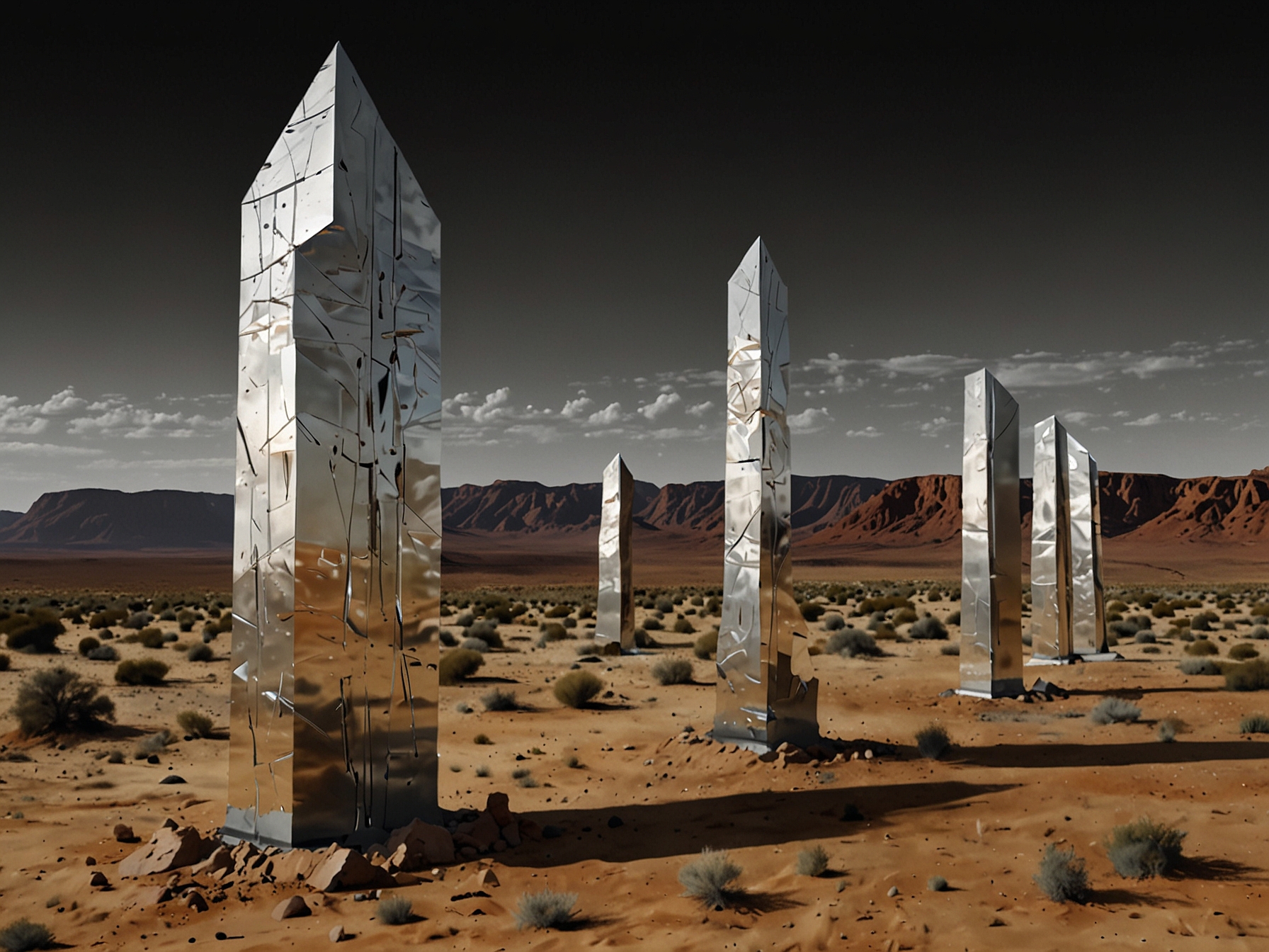 A montage of various reflective monoliths that appeared around the world, from Utah to Romania, illustrating their identical metallic, tall, and reflective features that sparked global curiosity.