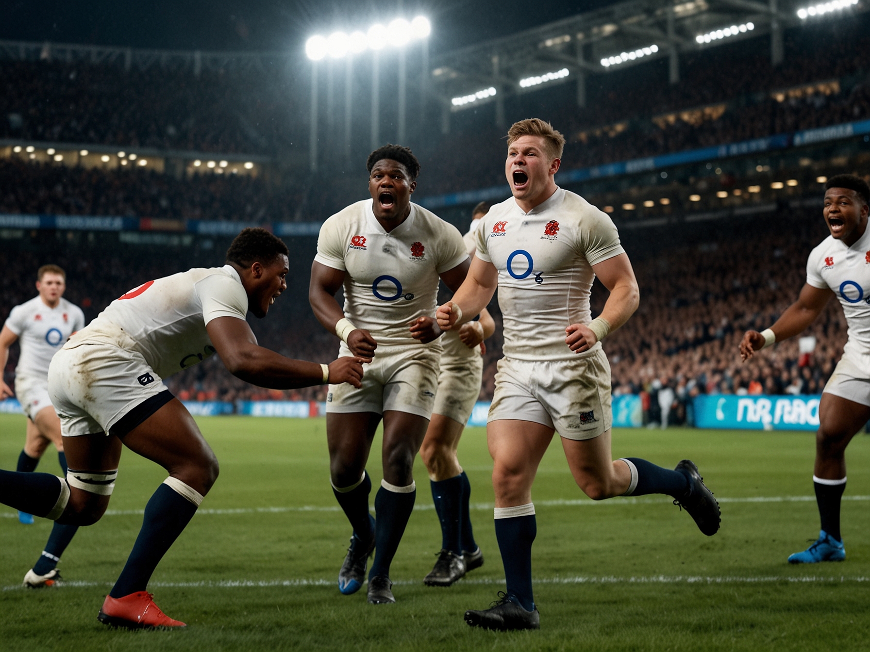 England's rugby team celebrates after scoring a try against Japan, with key players Maro Itoje and Owen Farrell leading the charge in a commanding display of skill and strategy.