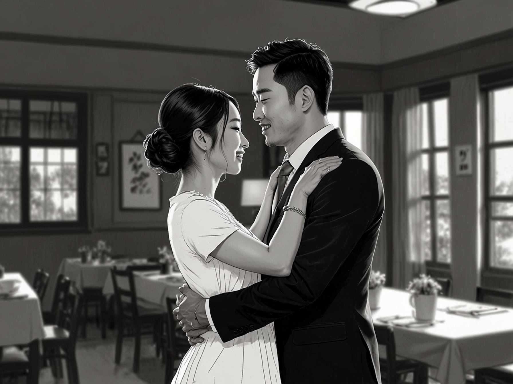 Min-Suk and Ji-Eun embrace each other joyously at their engagement party. This couple's journey through ups and downs has culminated in a beautiful proposal, showcasing their resilient love story.