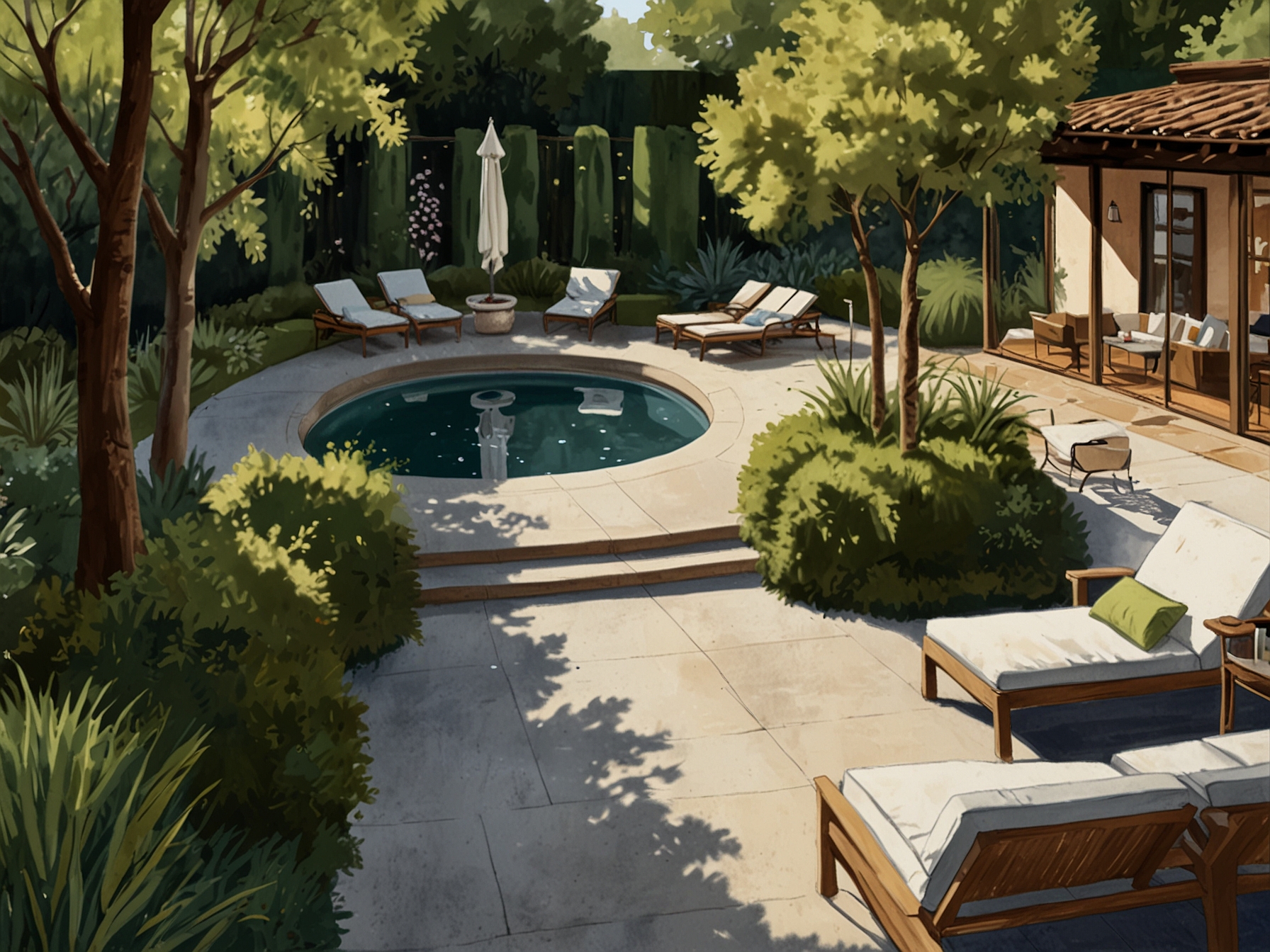 The backyard of Christina Ricci's LA home, featuring a meticulously landscaped garden, patio area for al fresco dining, and a sparkling pool, designed for relaxation and entertainment.