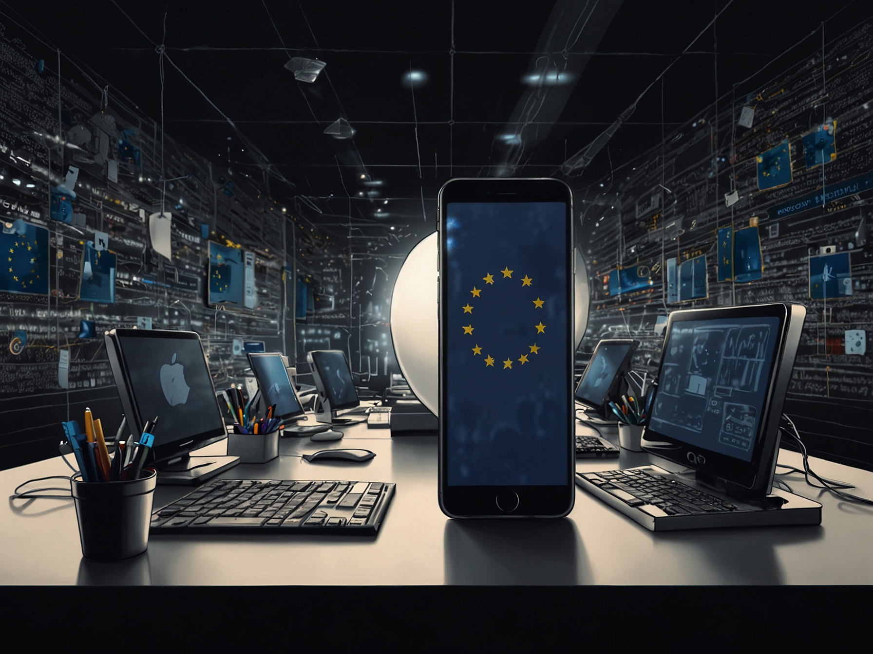 A graphic highlighting the EU's stringent tech regulations with Apple products in the background, symbolizing the challenges faced by the company in complying with new laws.
