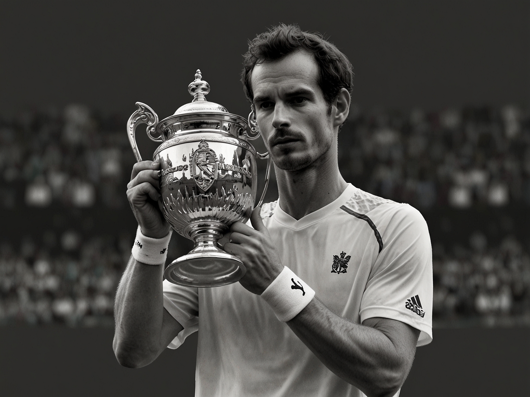 An emotional Andy Murray holding the Wimbledon trophy, highlighting the significance of the tournament in his career as he faces uncertainty about his future participation.