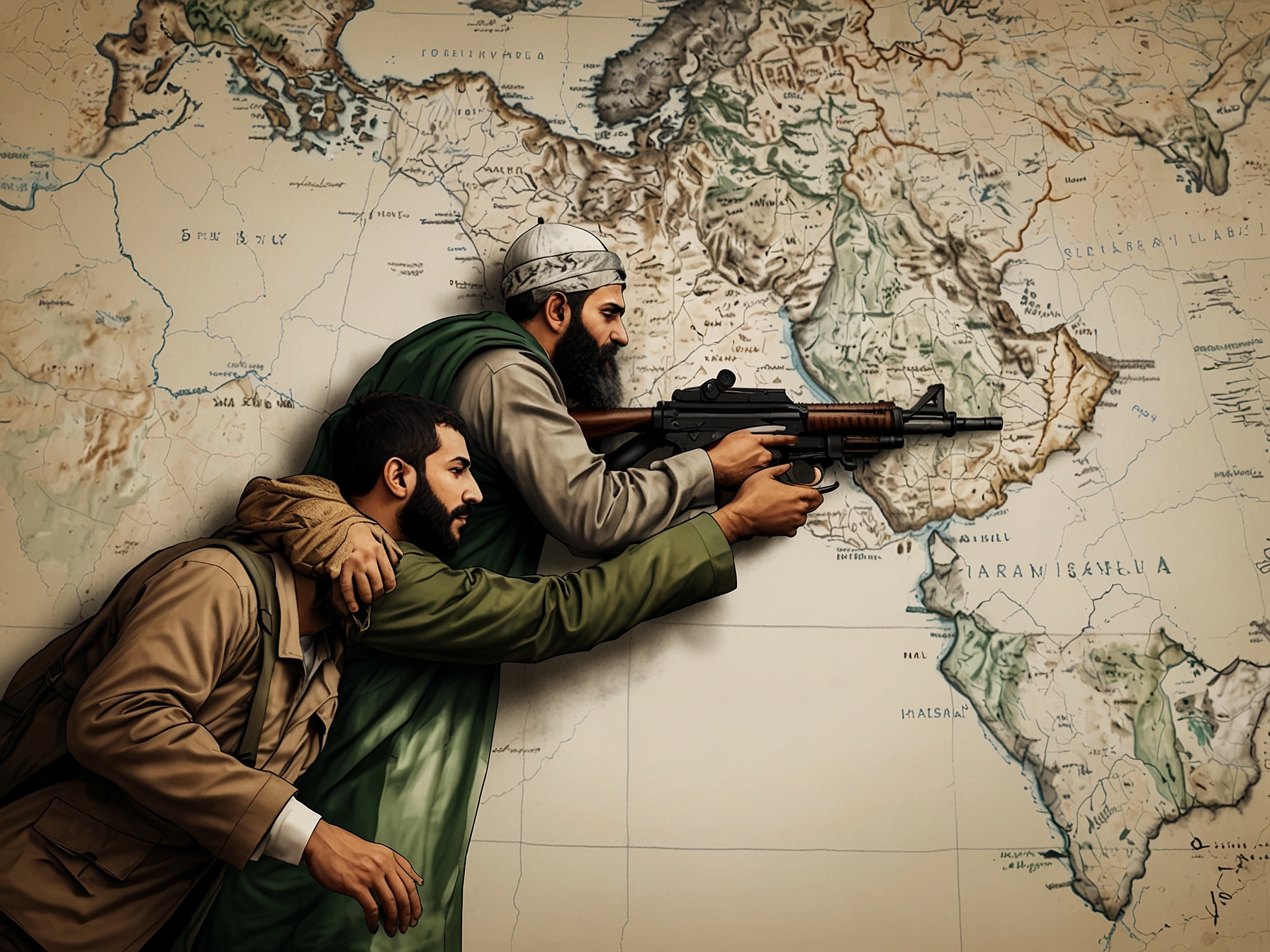 A depiction of the geopolitical landscape involving Israel and Hamas, showcasing the various regional actors, such as Iran, that support Hamas with financial and military aid, which influences the conflict.
