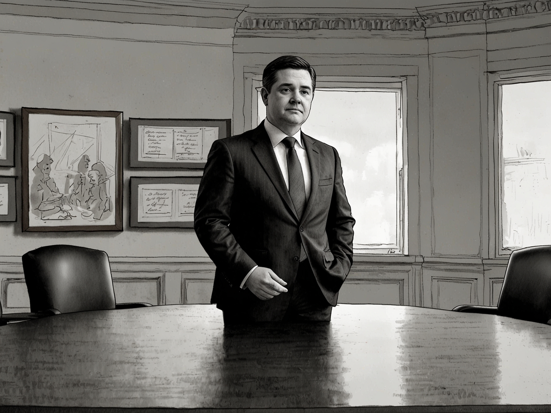 An illustration of Paschal Donohoe, standing alone at a negotiation table, symbolizing his solo role in the upcoming budget discussions if Michael McGrath moves to Brussels.