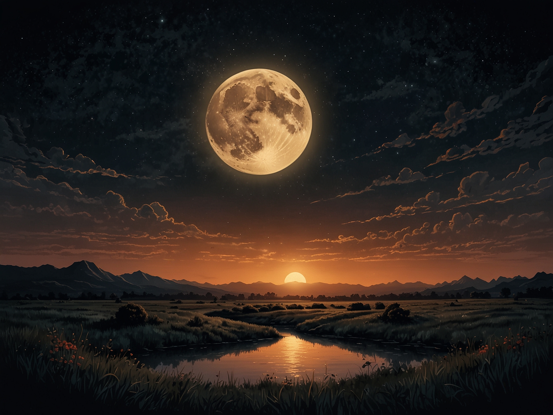 An illustration of the full Strawberry Moon rising above a tranquil landscape, casting a golden hue. The clear night sky and minimal light pollution allow for an unobstructed view of the moon in its full glory.