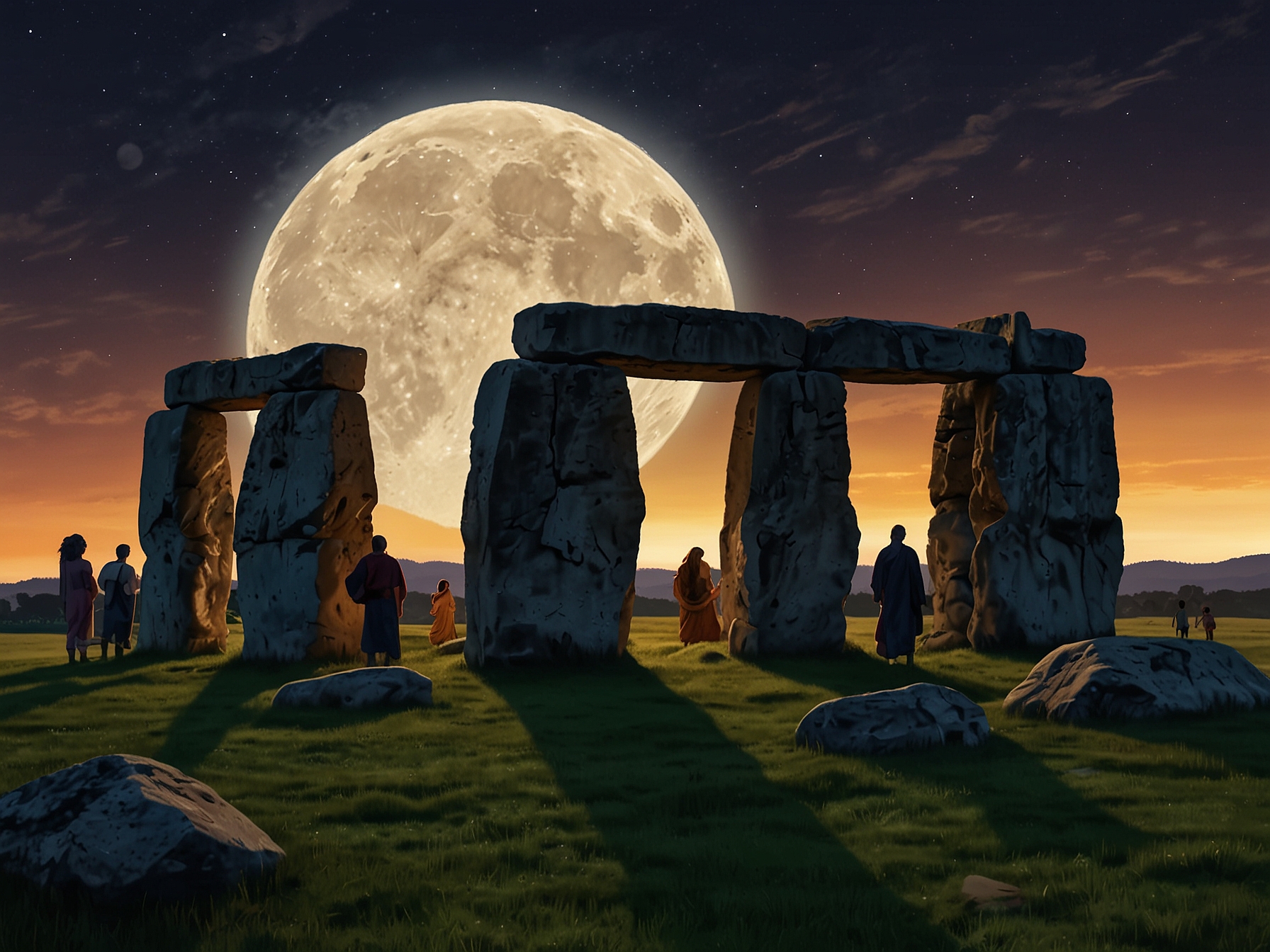 A depiction of people gathered at Stonehenge during the summer solstice, watching the sunrise as the full moon sets. This image captures the blend of ancient traditions and natural wonders during this celestial event.