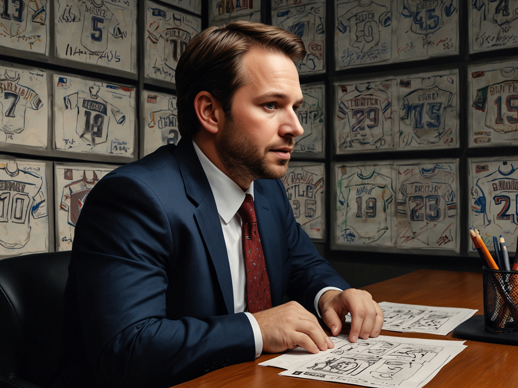 Illustration of the New York Rangers' General Manager Chris Drury looking at potential free agents, emphasizing the strategic planning behind the team's roster enhancement.