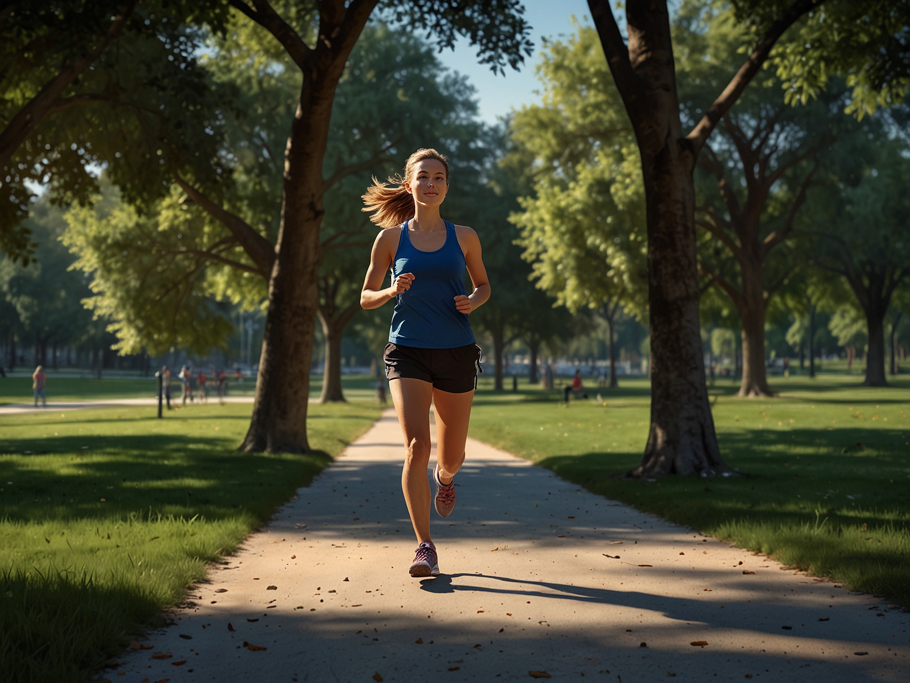 An illustration showing a person jogging in a park, symbolizing regular exercise. The image highlights aerobic activities like walking, swimming, and cycling that improve blood circulation and reduce cardiovascular disease risk.