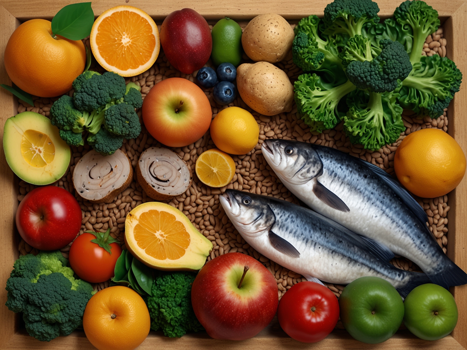 A healthy meal consisting of fruits, vegetables, whole grains, and fish. The image underscores the importance of a balanced diet rich in omega-3 fatty acids and plant-based foods for maintaining heart and brain health.