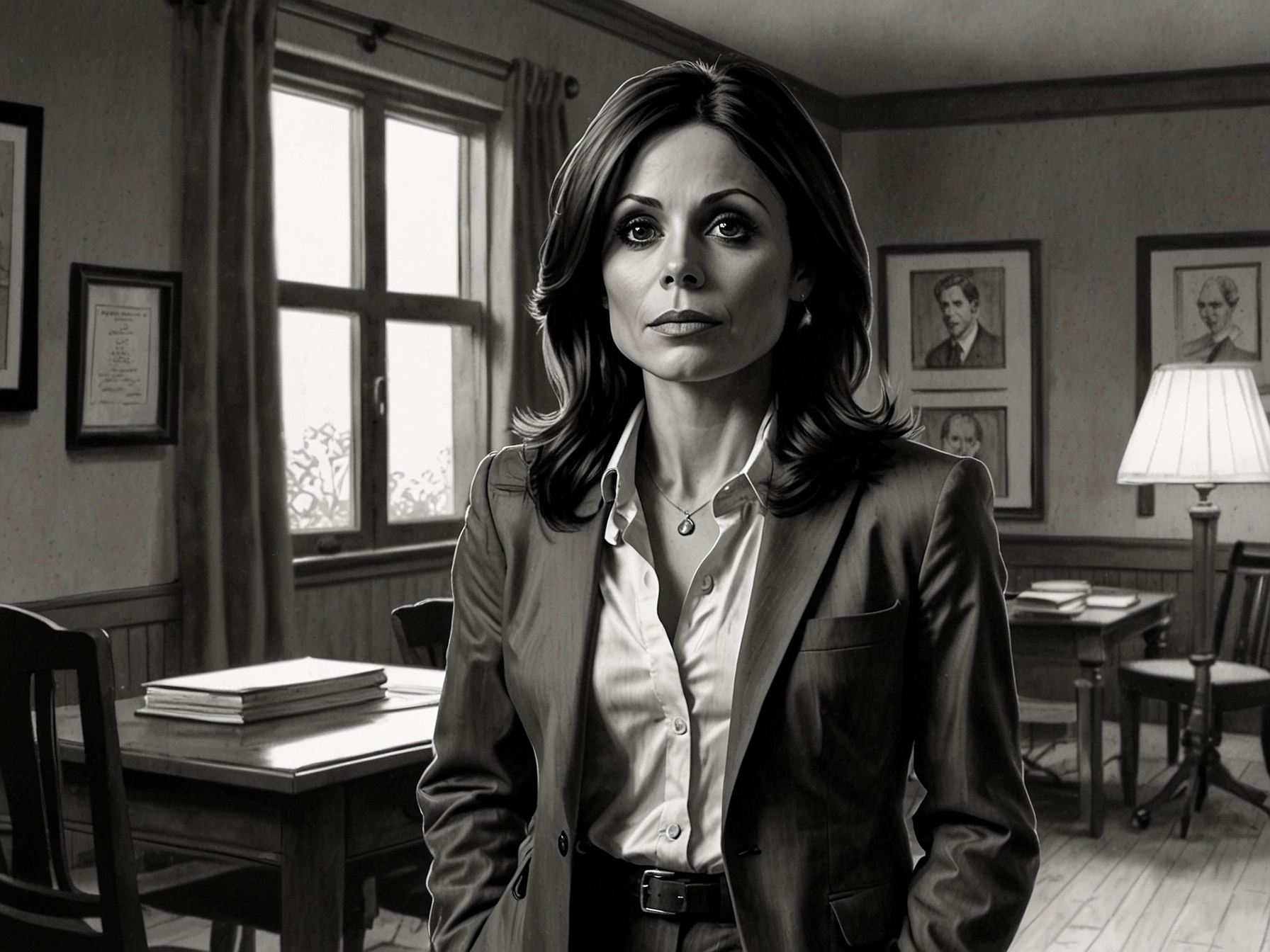 A dramatic scene from 'Danger in the Dorm,' featuring Bethenny Frankel in intense detective mode, capturing the suspense and intrigue of this true crime thriller.