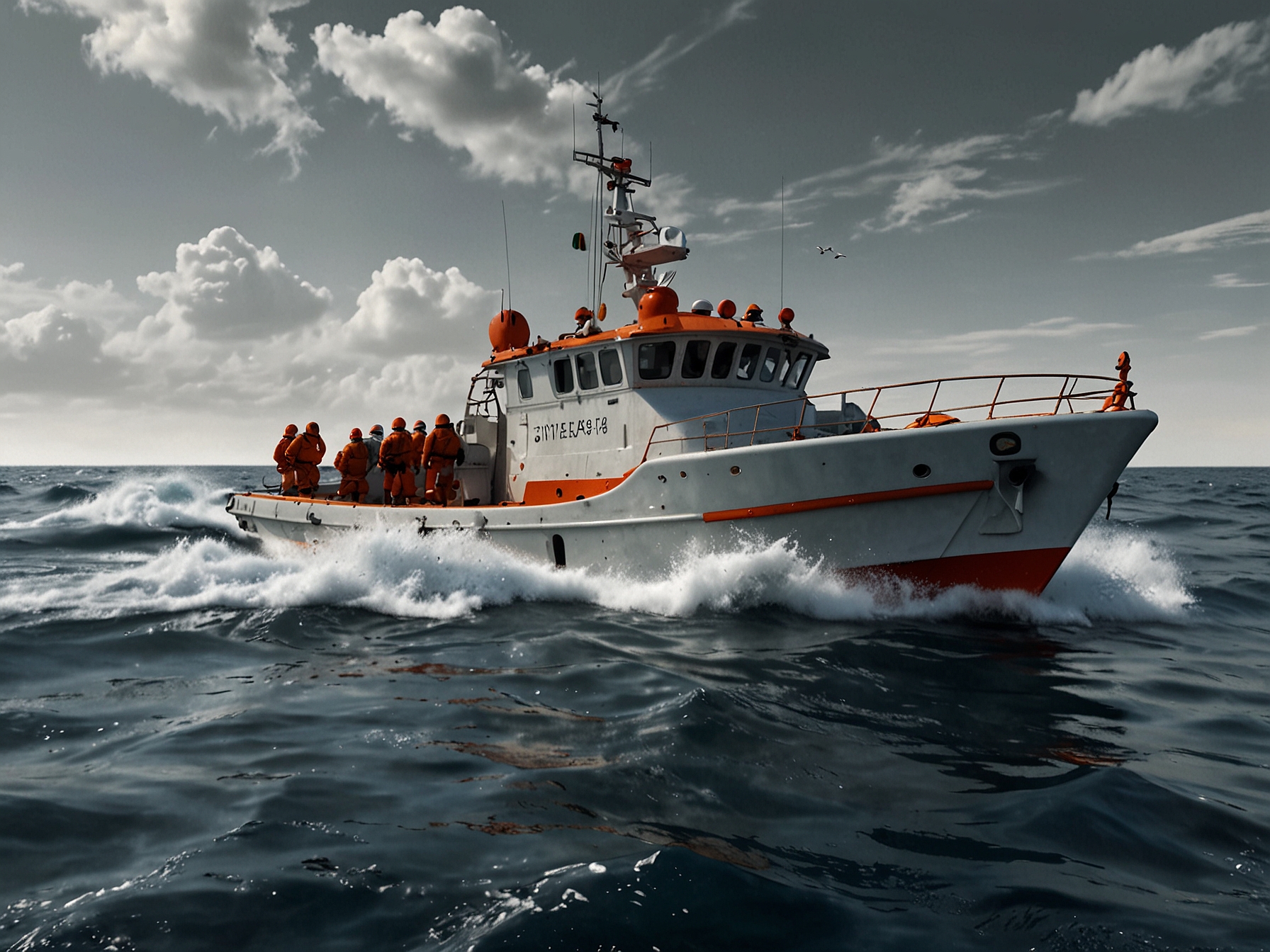 Italian coast guard personnel conducting a search and rescue operation in the Ionian Sea, navigating rough waters in an effort to locate the missing victims of the recent shipwreck.