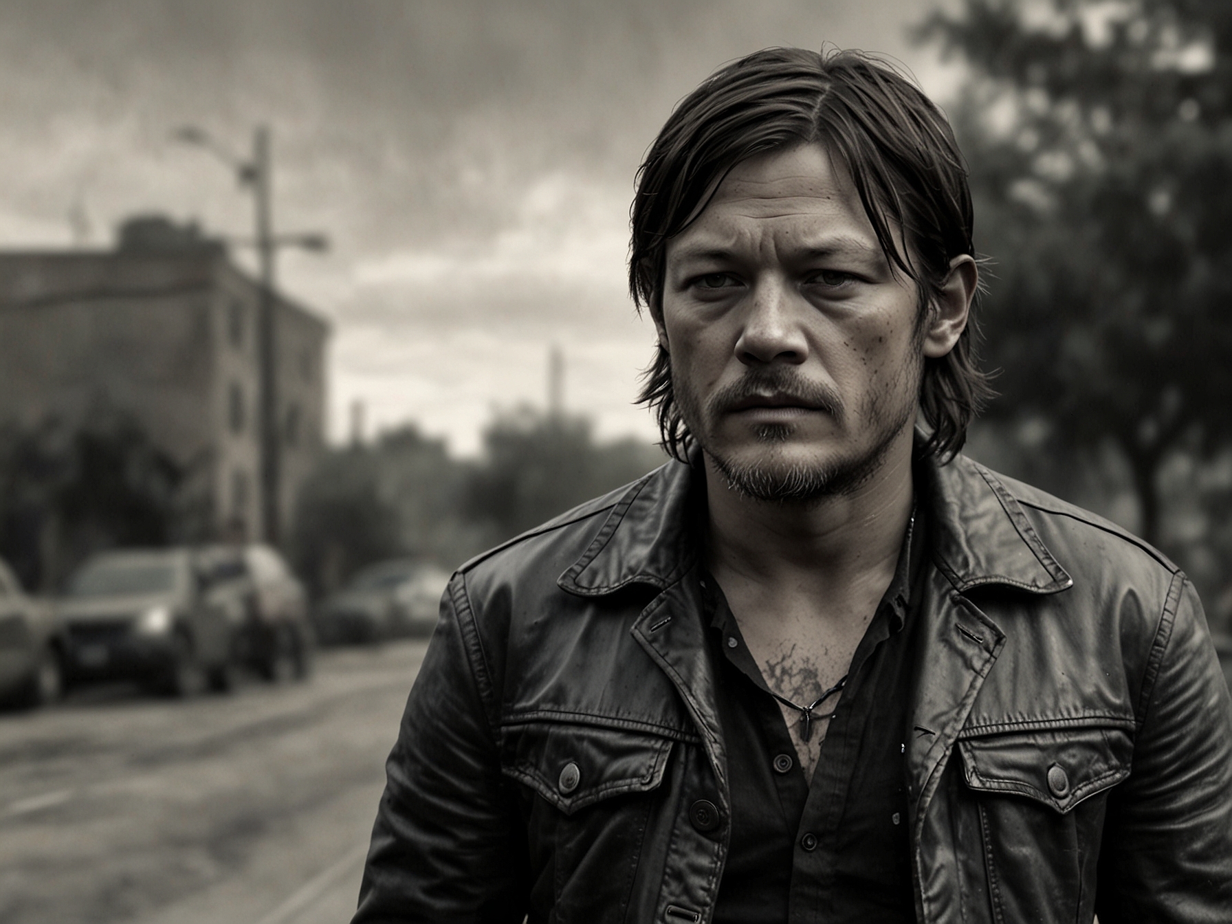 Norman Reedus as a rugged biker in 'The Bikeriders.' His look, influenced by his portrayal of Daryl Dixon in 'The Walking Dead,' features disheveled hair, dirty clothes, and a hardened stare.