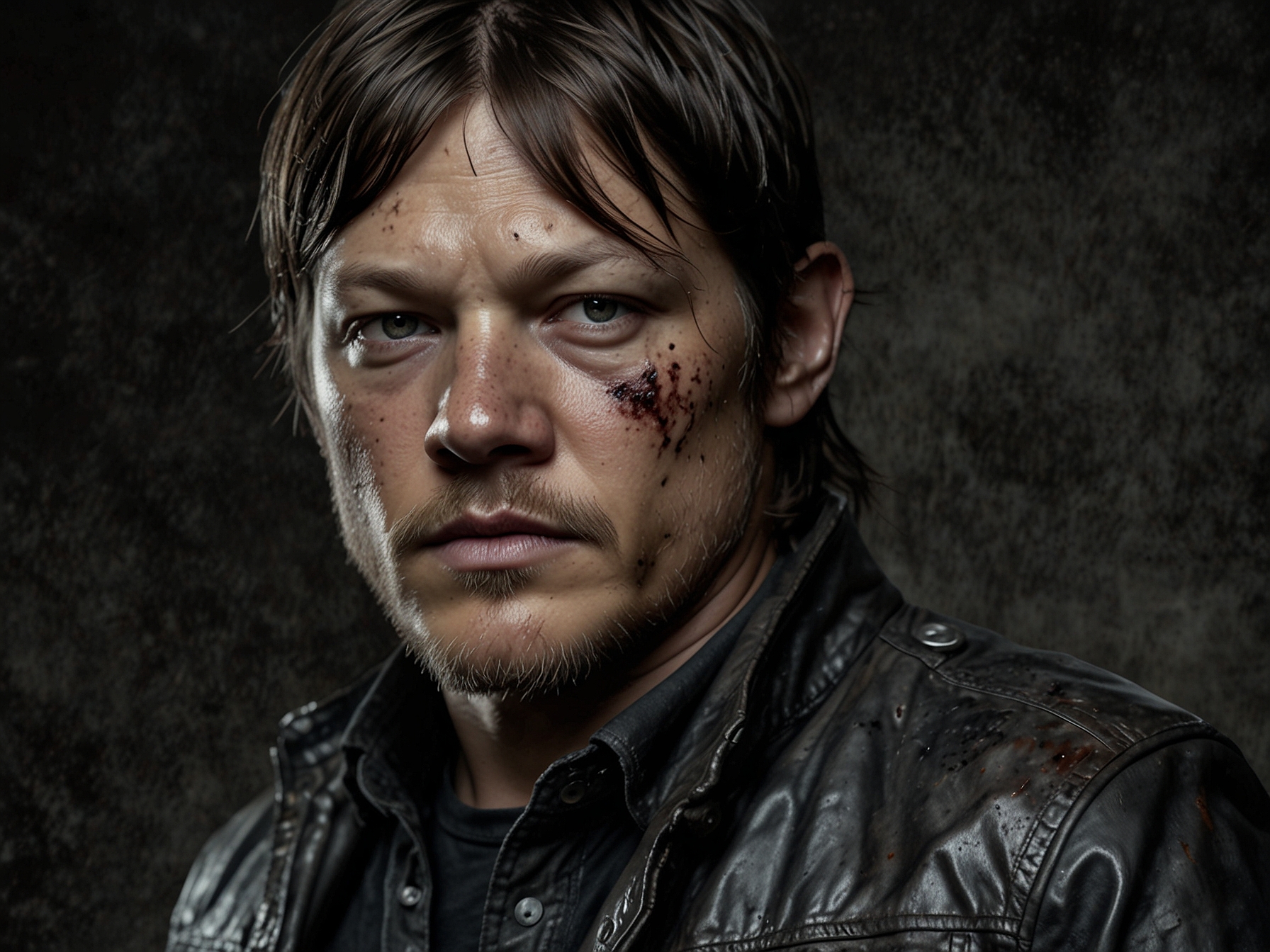 Close-up of Norman Reedus in 'The Bikeriders,' showcasing his weather-beaten leathers, scarred skin, and grime that echo the survivalist aesthetic of Daryl Dixon from 'The Walking Dead.'
