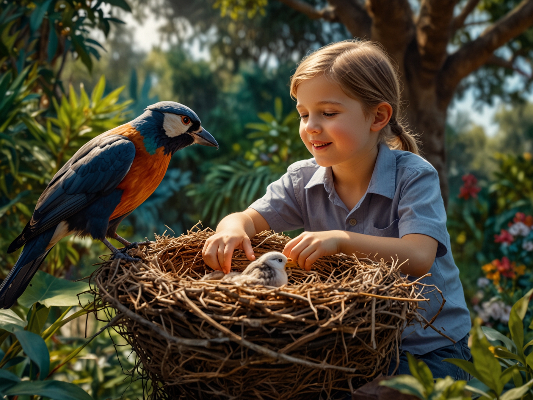 A beautifully illustrated scene of Tom and Emma discovering a nest of phoebe birds in their backyard, capturing their curiosity and the vibrant details of the natural setting.