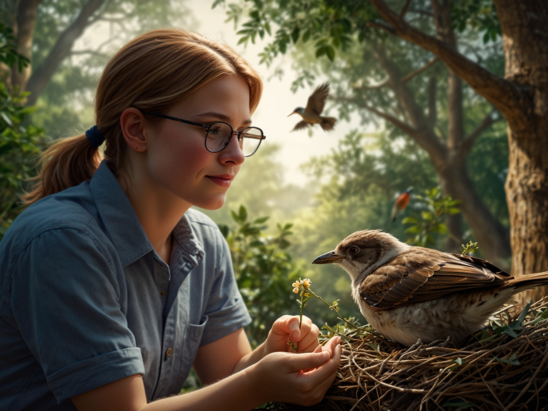 An image showcasing Tom and Emma observing the nestlings up close, accompanied by detailed illustrations of the phoebe birds' nesting habits and surrounding flora, blending education with visual storytelling.