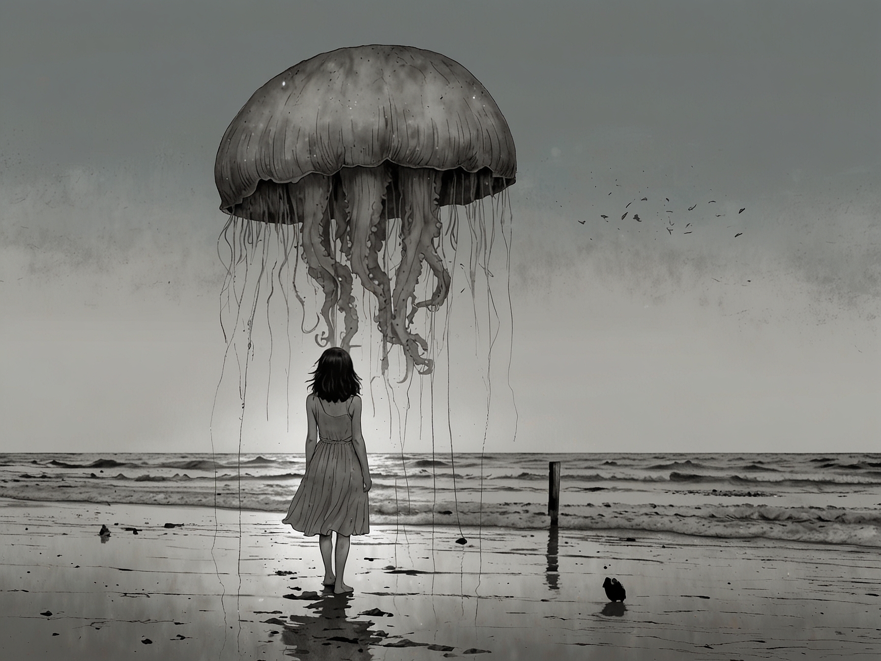 Lily Allen, visibly distressed, stands on a beach with jellyfish nearby, hinting at her traumatic childhood experience with the creatures.
