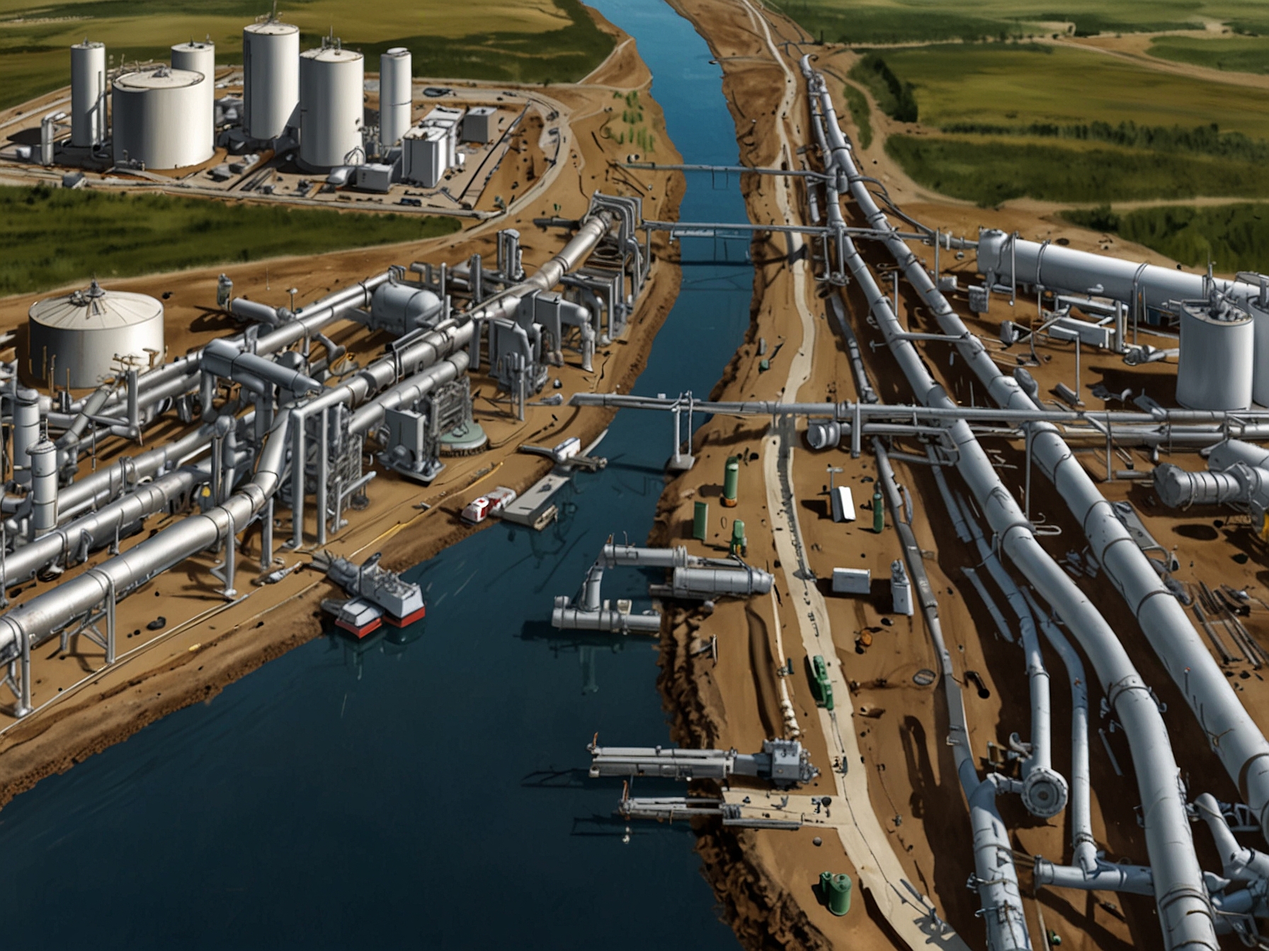An overhead view of Kinder Morgan’s extensive network of pipelines and storage terminals, illustrating the company’s significant infrastructure in the midstream energy sector.