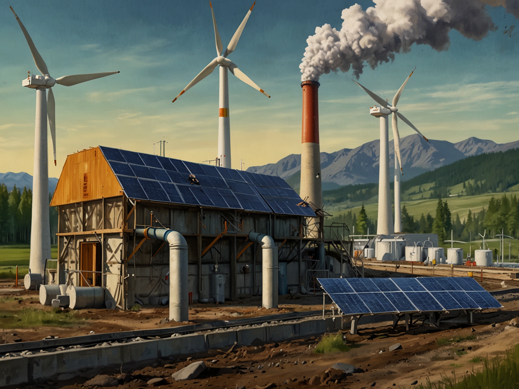 A juxtaposition of traditional fossil fuel infrastructure with renewable energy installations, highlighting the challenges Kinder Morgan faces in transitioning to a greener economy.