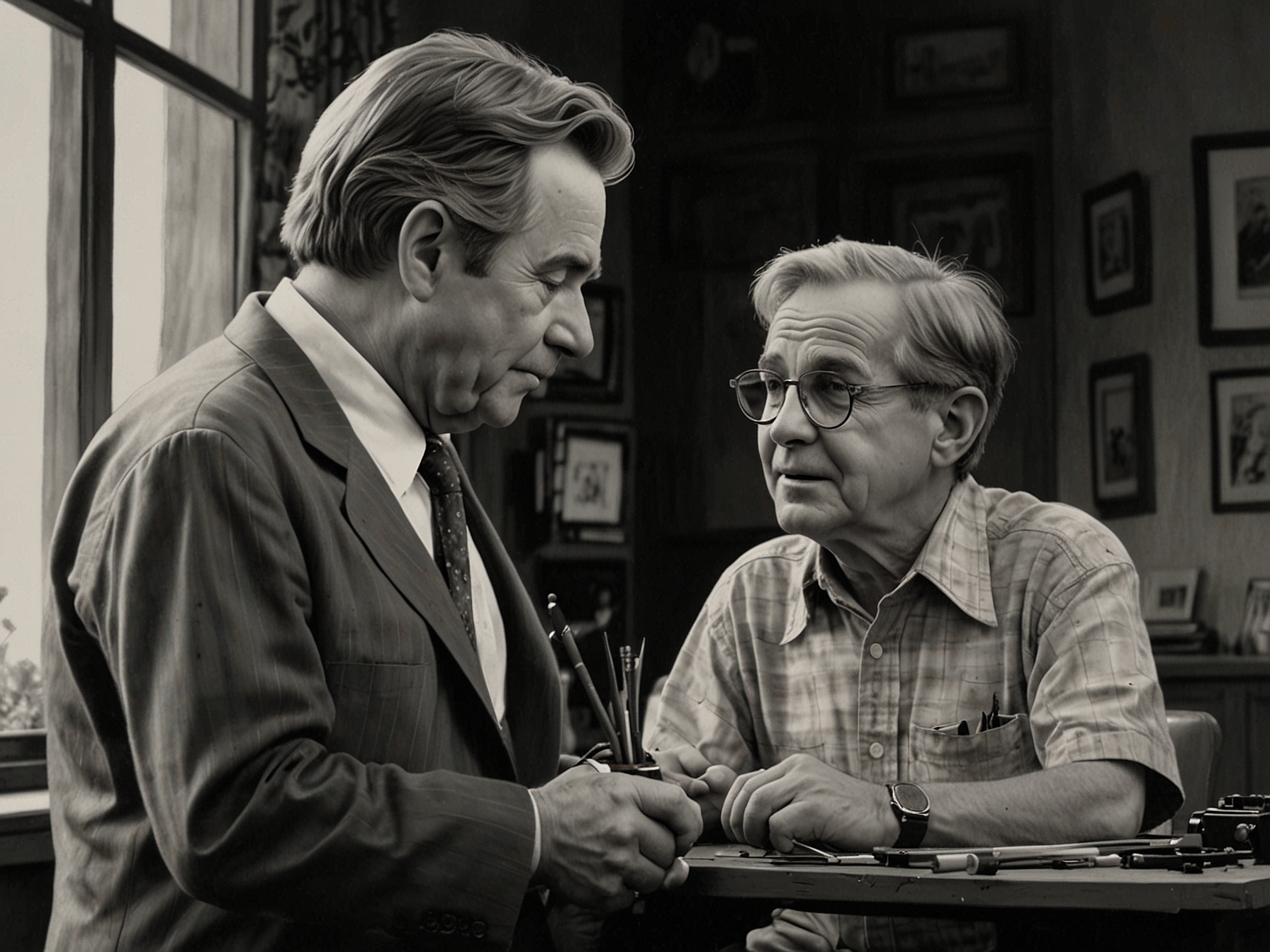 An emotionally charged still from 'Camera' featuring Beau Bridges as the elderly camera repairman mentoring the mute boy, highlighting the themes of friendship and human connection.