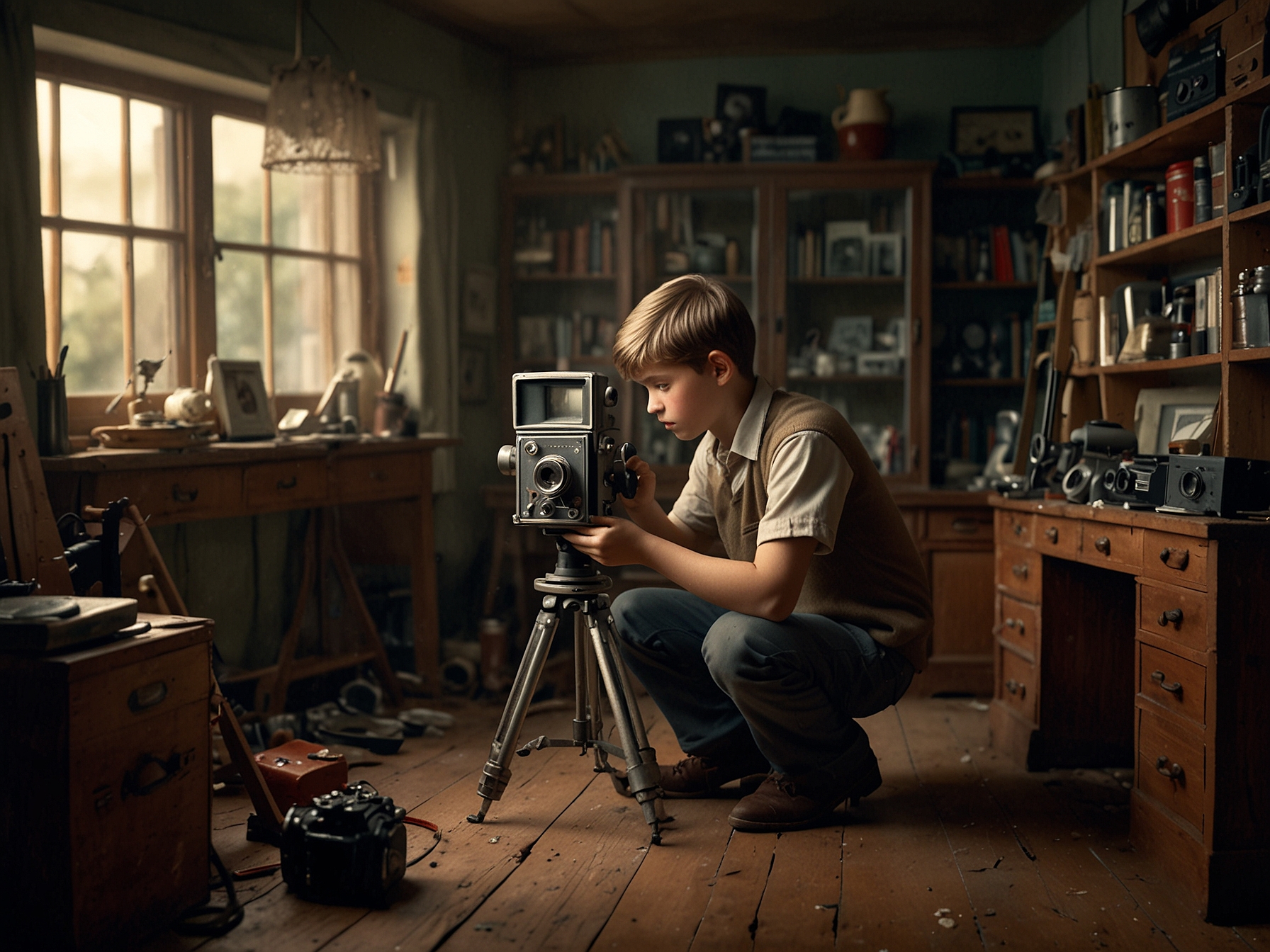 A promotional image for 'Camera' showing the mute boy and the camera repairman in the shop, surrounded by vintage camera equipment. Capturing the essence of the film's analog, reflective theme.