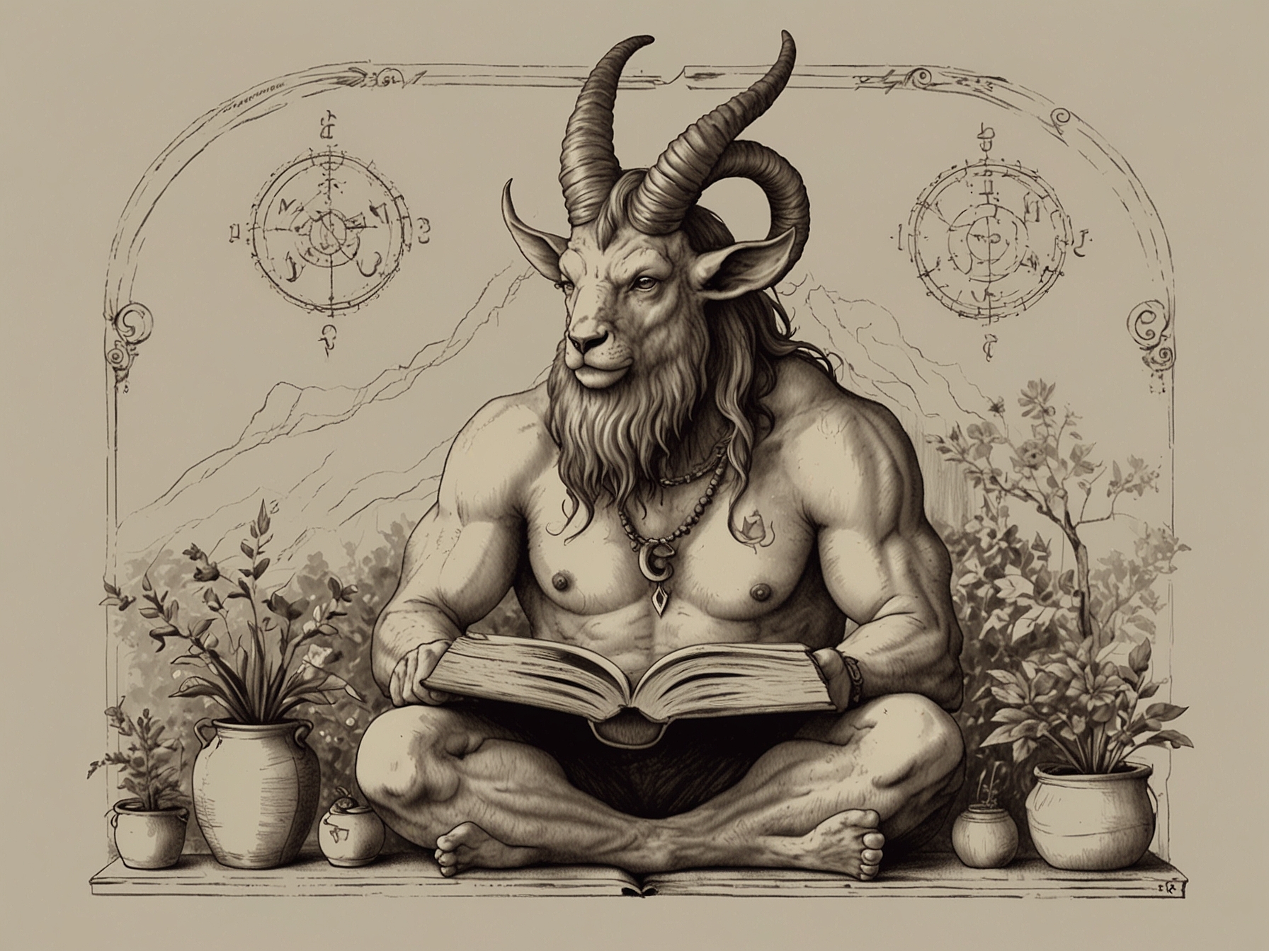 A Capricorn engaged in self-improvement activities like reading and learning new skills, with symbols of knowledge and growth surrounding them.