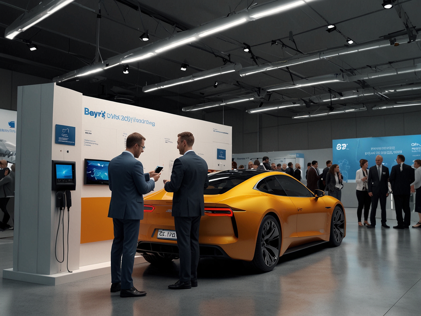 Attendees learning about Beny's EVB brand at Intersolar Europe 2024, showcasing advanced electric vehicle chargers and rapid charging systems integrated with network technologies.